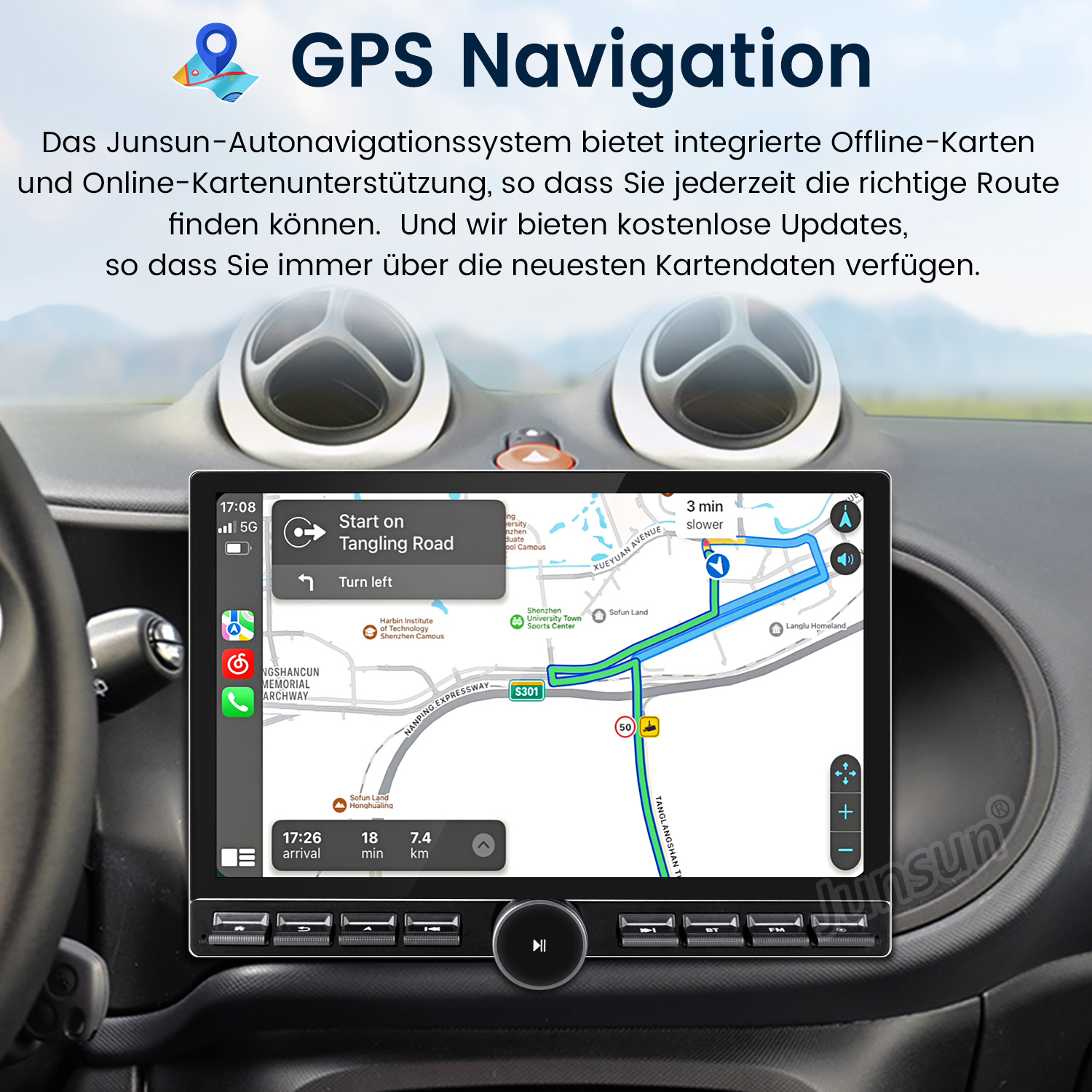 Auto-Navigationsbildschirm, der eine Karte mit Route, Tasten und Fahrzeuginnenraum zeigt.