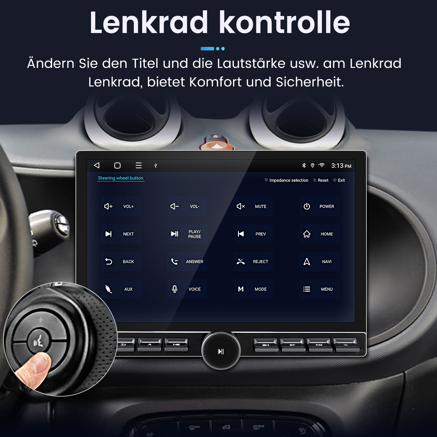 Auto-Armaturenbrett mit Touchscreen, der Bedienelemente zeigt, Hand berührt Lenkradtaste.