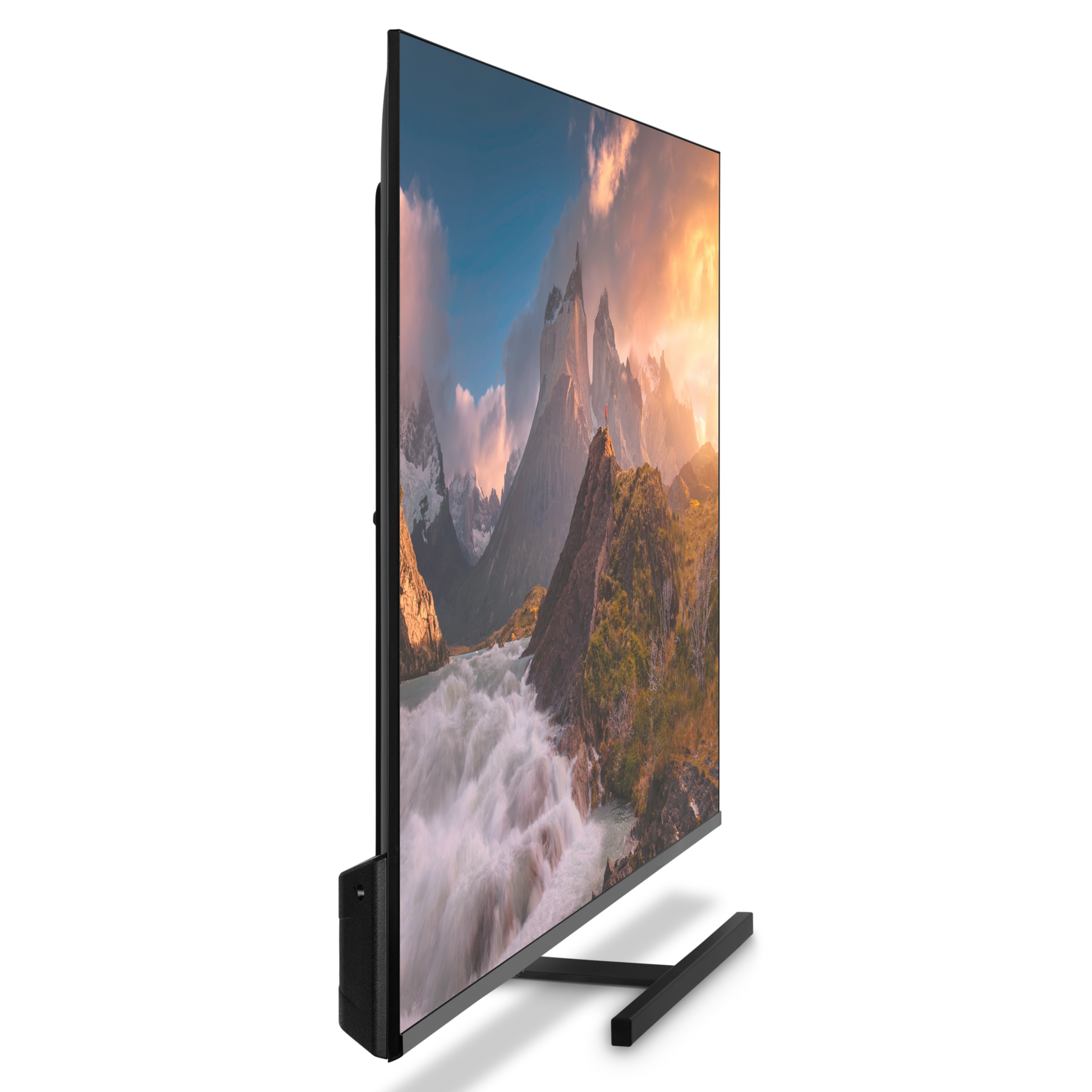 Ein großer Flachbildfernseher mit Landschaftsbild auf weißem Hintergrund.