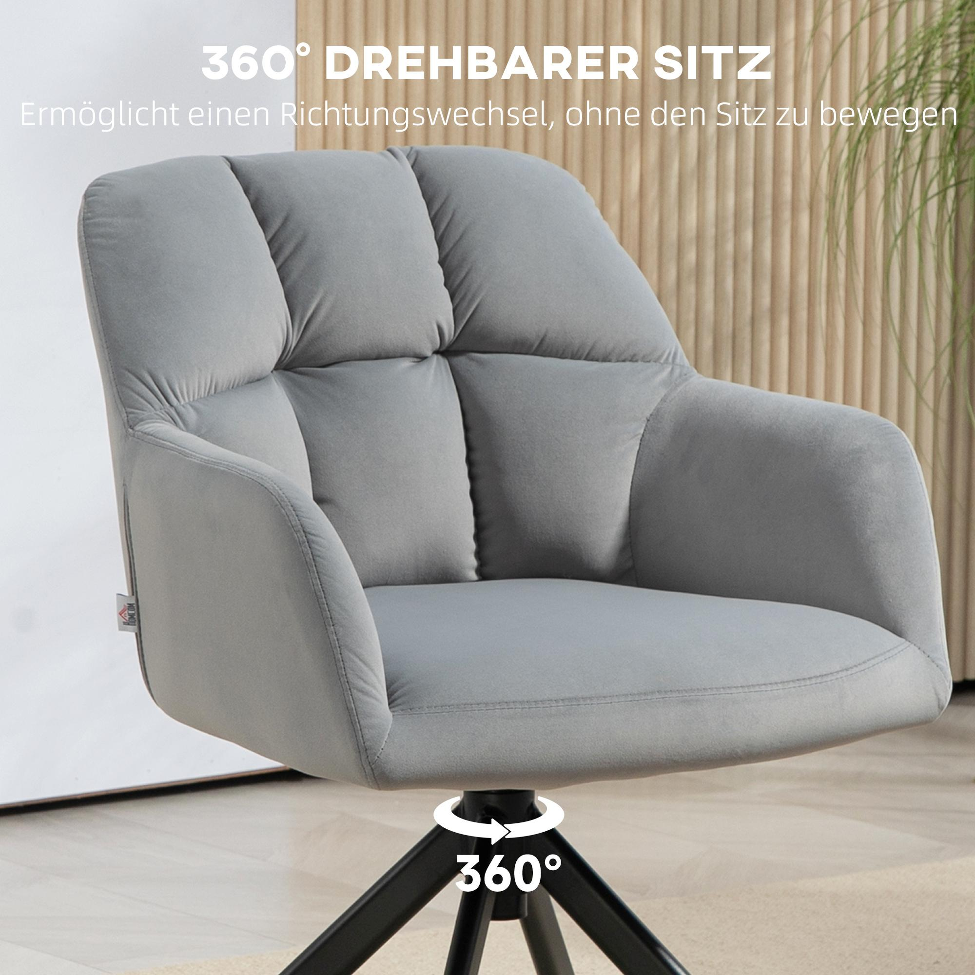 Ein grauer Drehstuhl mit gepolstertem Sitz, der mit einer 360°-Drehfunktion beworben wird.