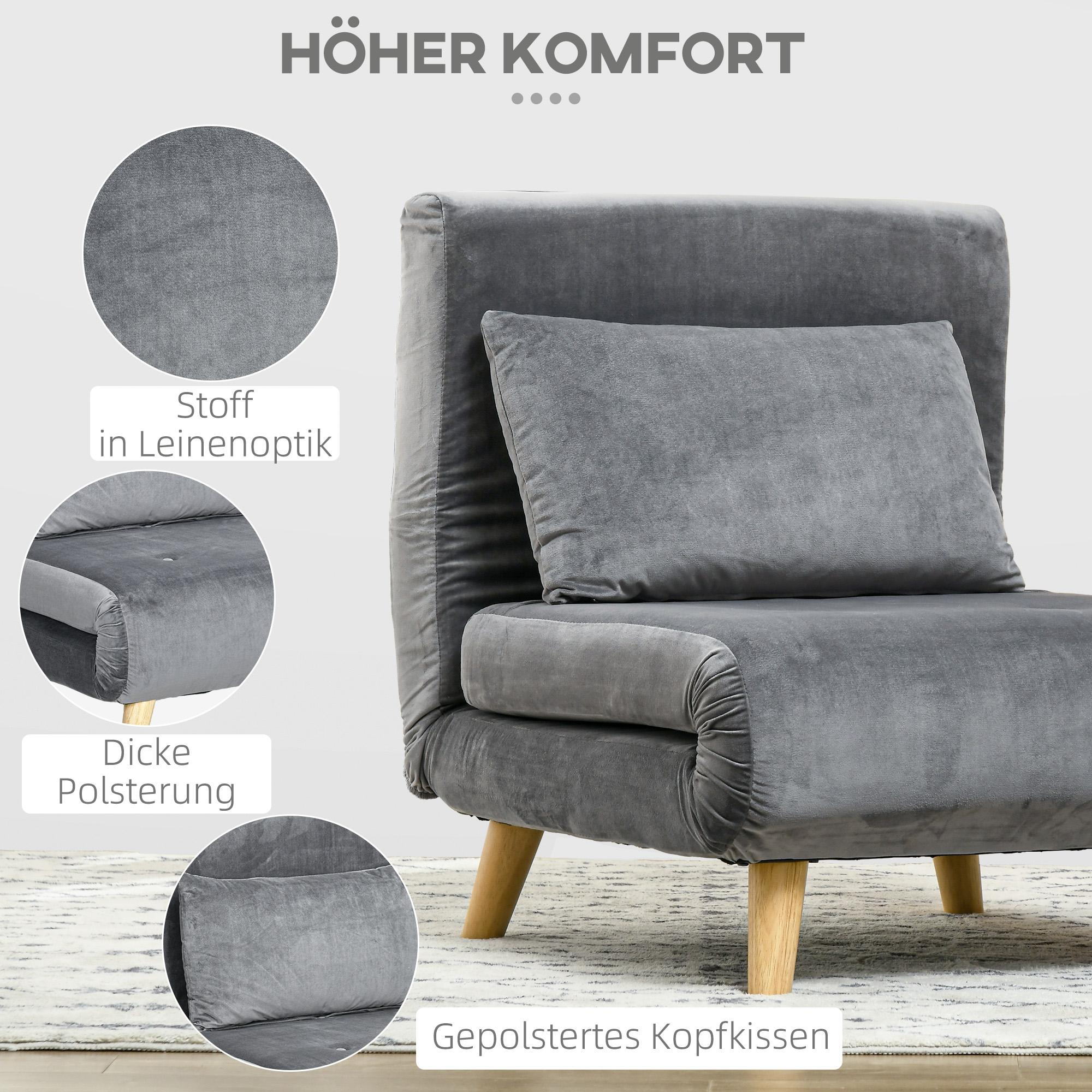 Ein grauer Samtstuhl hat ein Kissen und wird als besonders komfortabel und mit Stoff in Leinenoptik beworben.