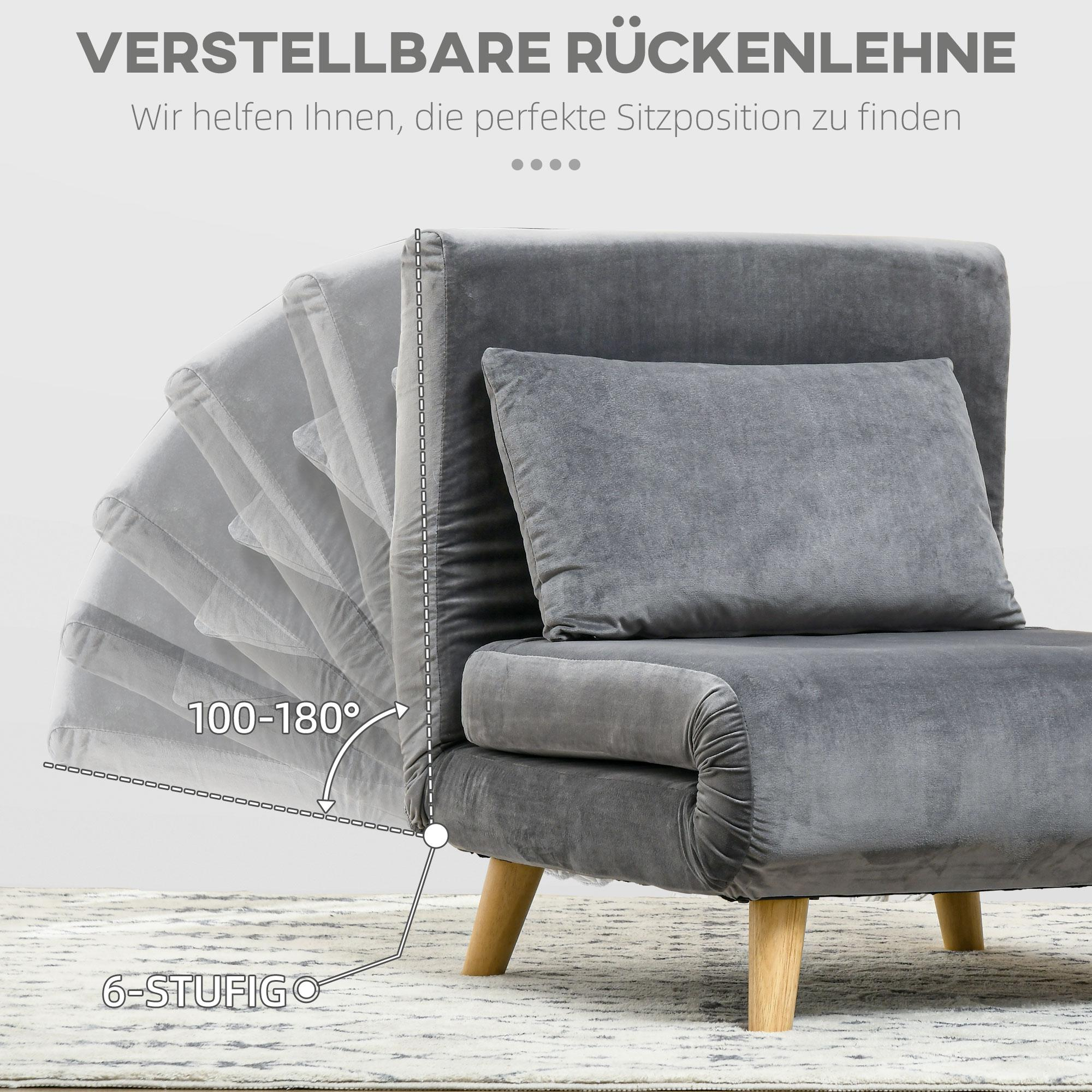 Ein grauer Samtstuhl hat eine verstellbare Rückenlehne und wird mit 6 Stufen zur perfekten Position beworben.