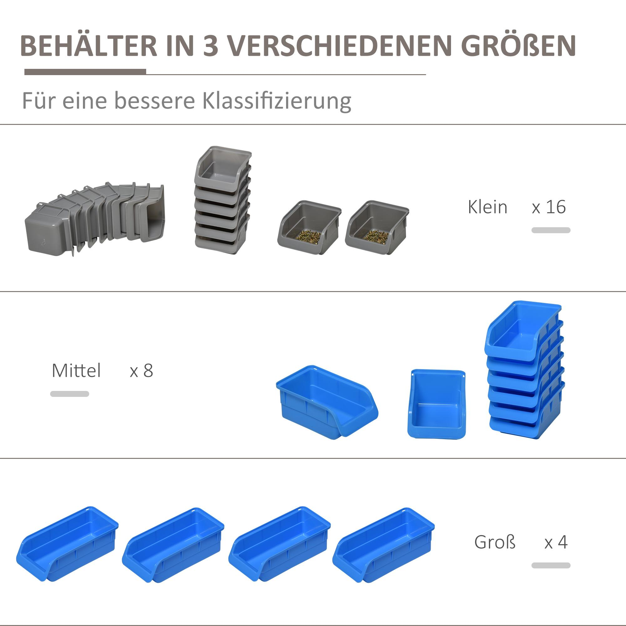 Das Bild zeigt graue und blaue Aufbewahrungsbehälter. Der Text lautet: 'Behälter in 3 Größen. Für bessere Klassifizierung'.