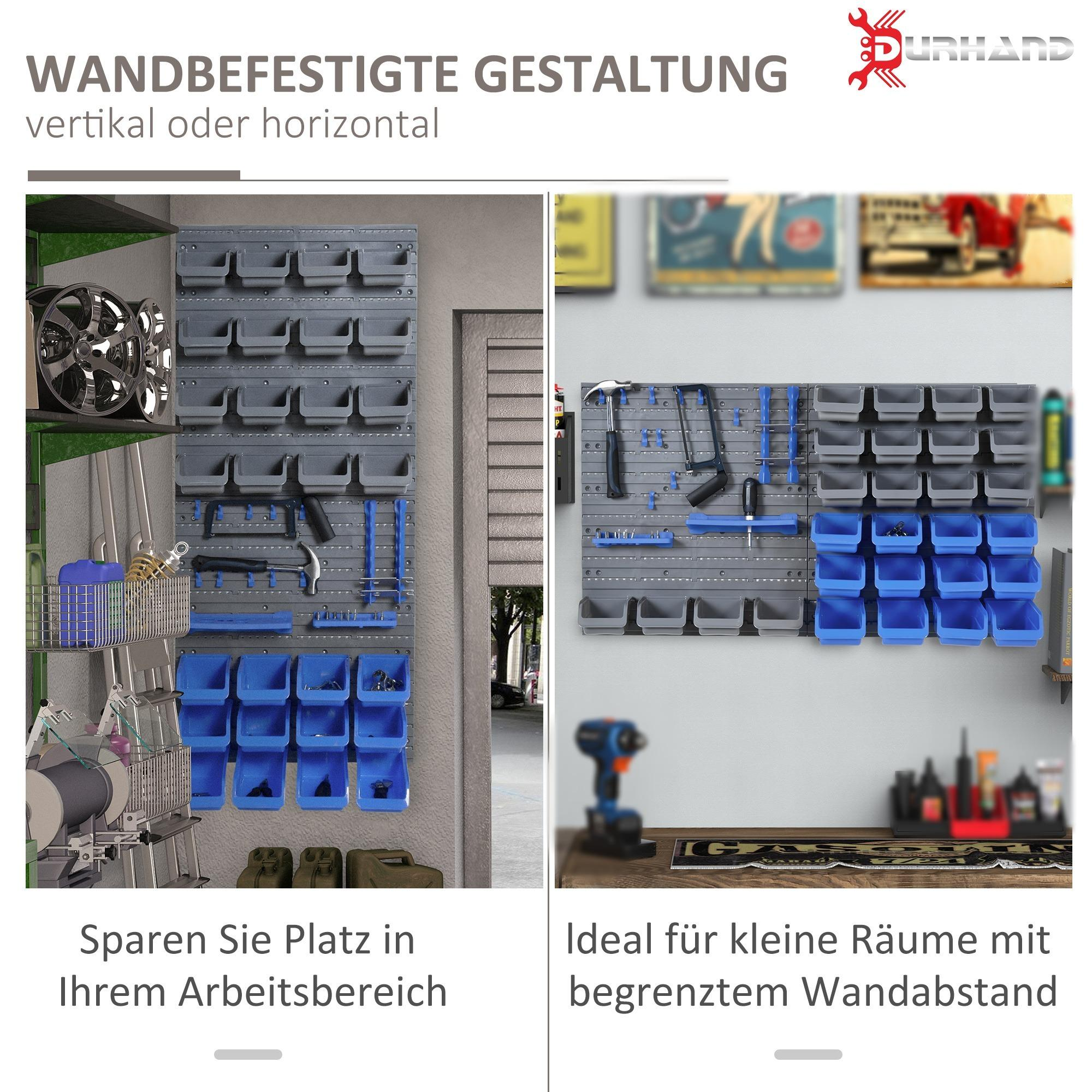 Zwei wandmontierte Werkzeugaufbewahrungssysteme. Eines hat Werkzeuge, das andere blaue Behälter. Text: 'Sparen Sie Platz in Ihrem Arbeitsbereich'.