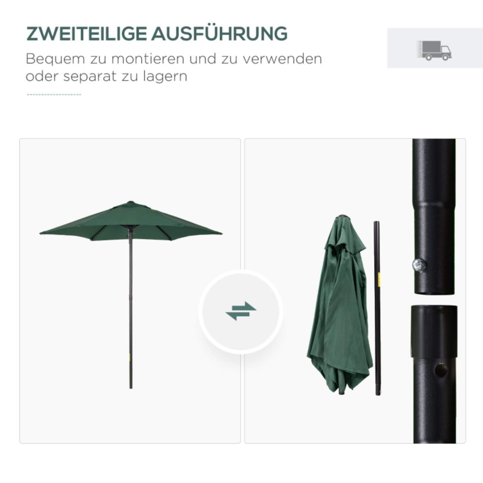 Ein Sonnenschirm im Freien, in zwei Teilen: montiert und demontiert, zeigt den Aufbauprozess und die Komponenten.