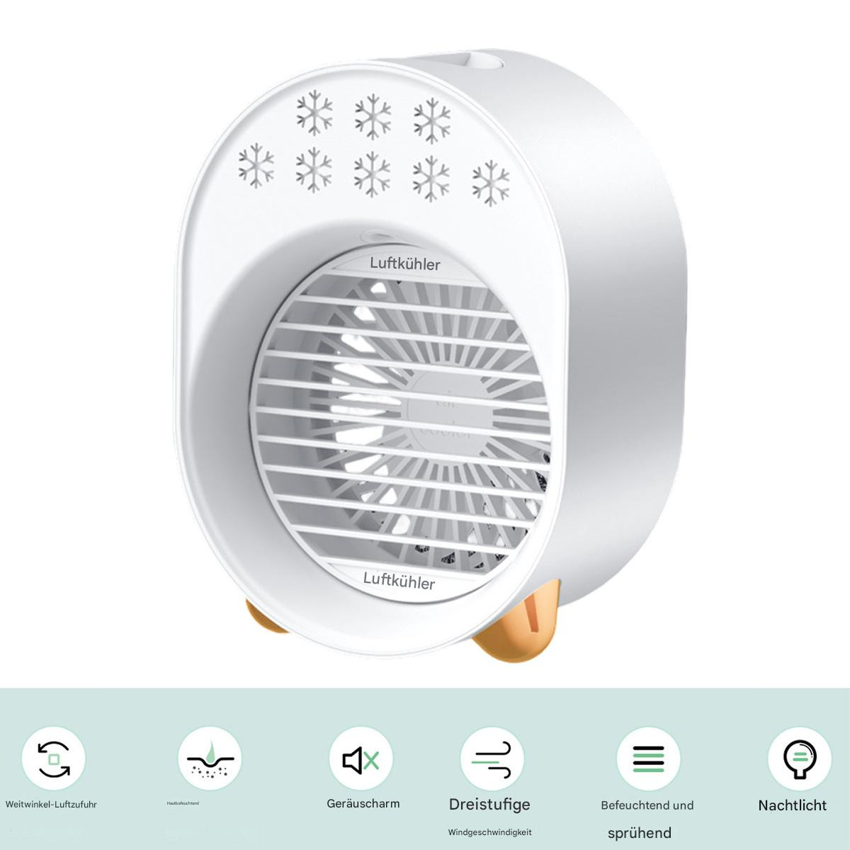 Ein weißer Luftkühler mit Ventilator und Schneeflocken-Designs. Er hat einen Griff und steht auf einer weißen Oberfläche.