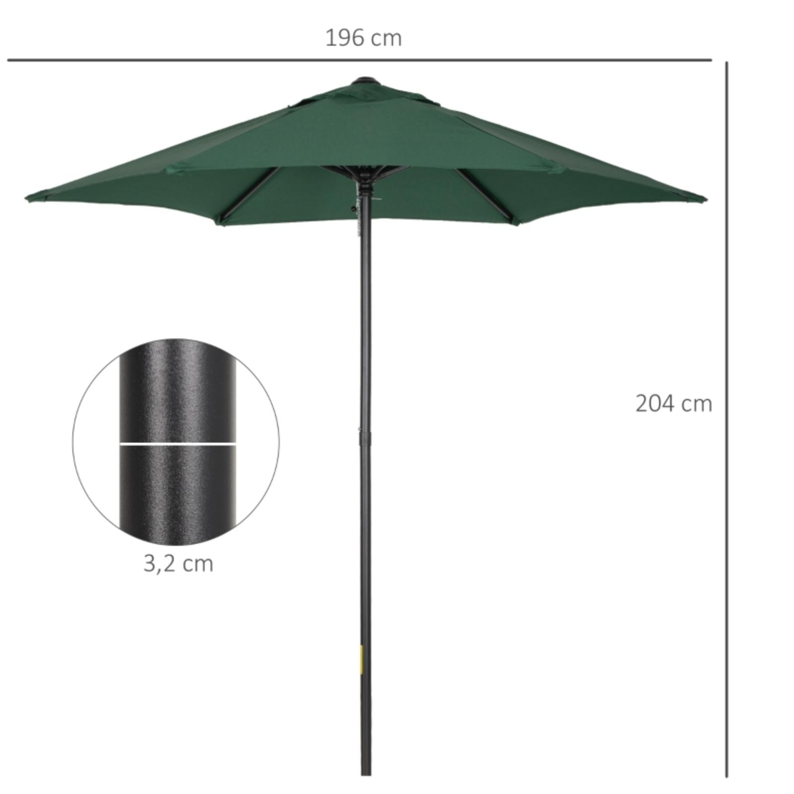 Ein grüner Sonnenschirm mit schwarzem Mast, mit Maßen: 196 cm breit, 204 cm hoch, Mast 3,2 cm.