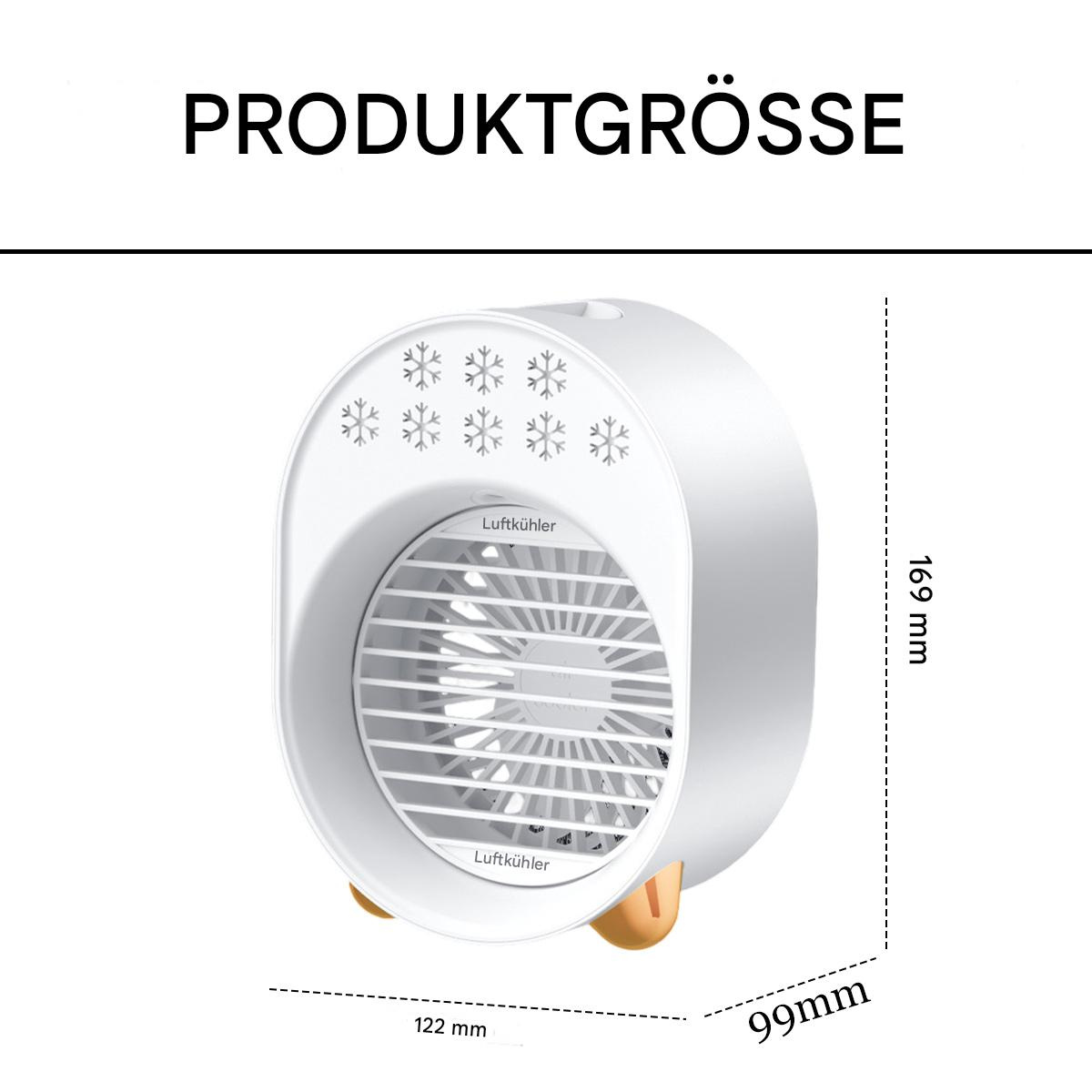 Weiß-grauer Luftkühler mit Schneeflockenmuster und Größenangabe. Er hat einen Ventilator und goldene Füße.
