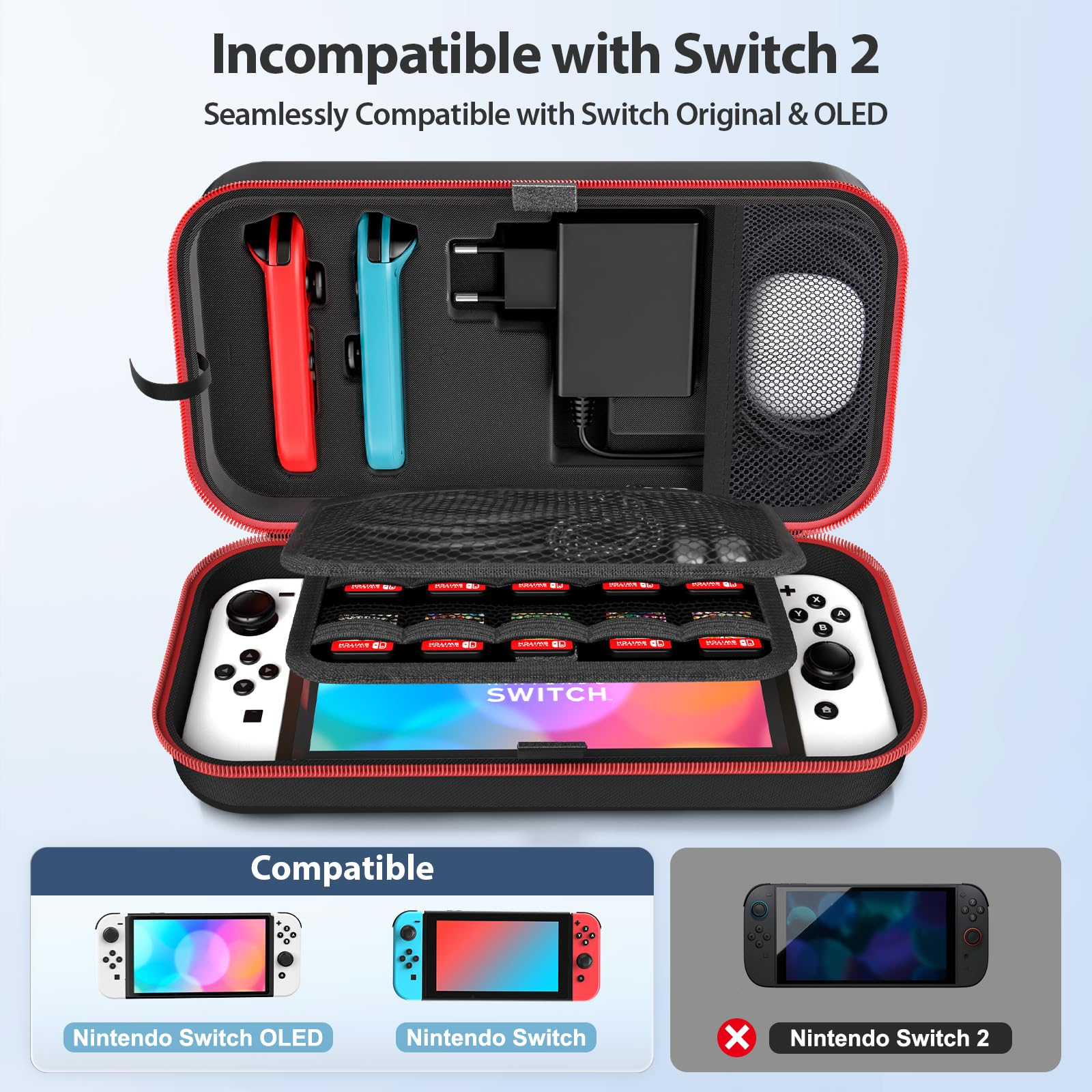 Switch-Hülle mit Switch, Zubehör und einem kompatiblen Switch. Rote und blaue Joycons, Ladegerät und Spielkarten.