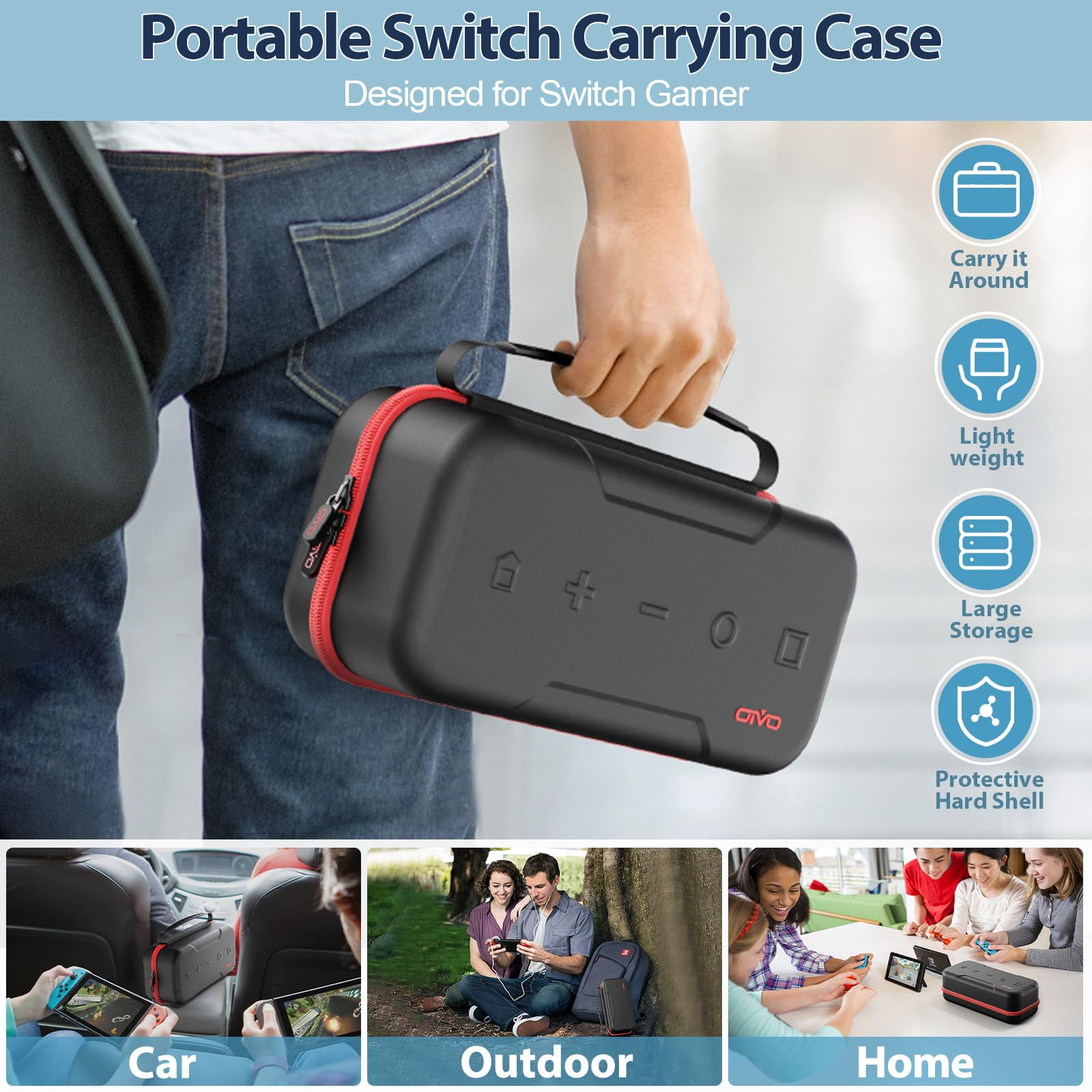 Schwarze Switch-Tragetasche, die von einer Person gehalten wird, mit Bildern der Verwendung: Auto, Outdoor und Zuhause.