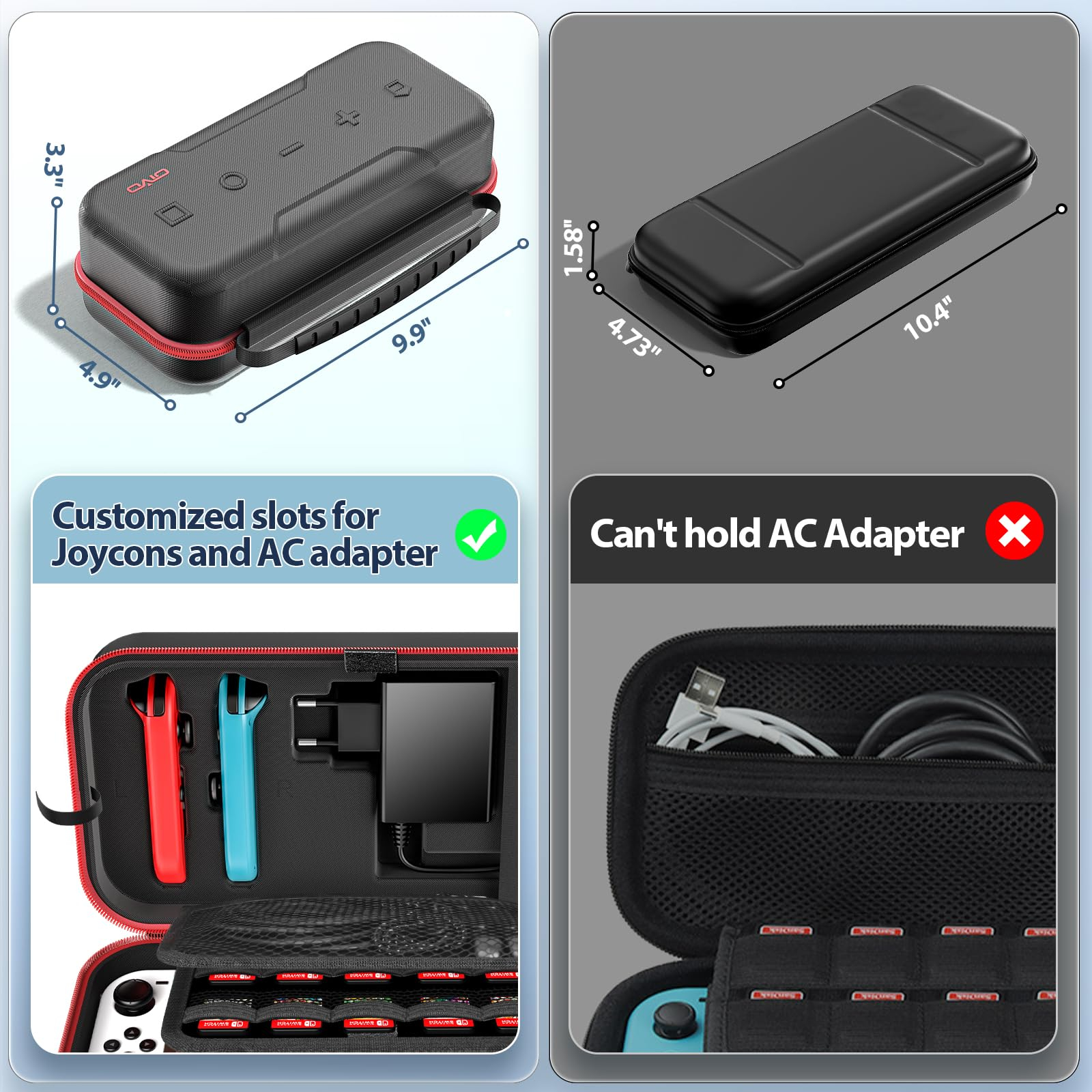 Bild, das eine Nintendo Switch-Tragetasche mit benutzerdefinierten Fächern und Abmessungen zeigt.