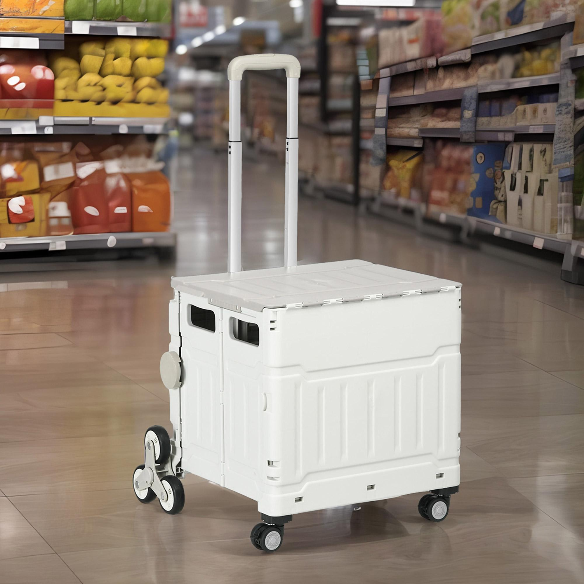 Weißer, zusammenklappbarer Einkaufswagen mit Griff, in einem Supermarktgang gezeigt, der den Nutzungskontext darstellt.