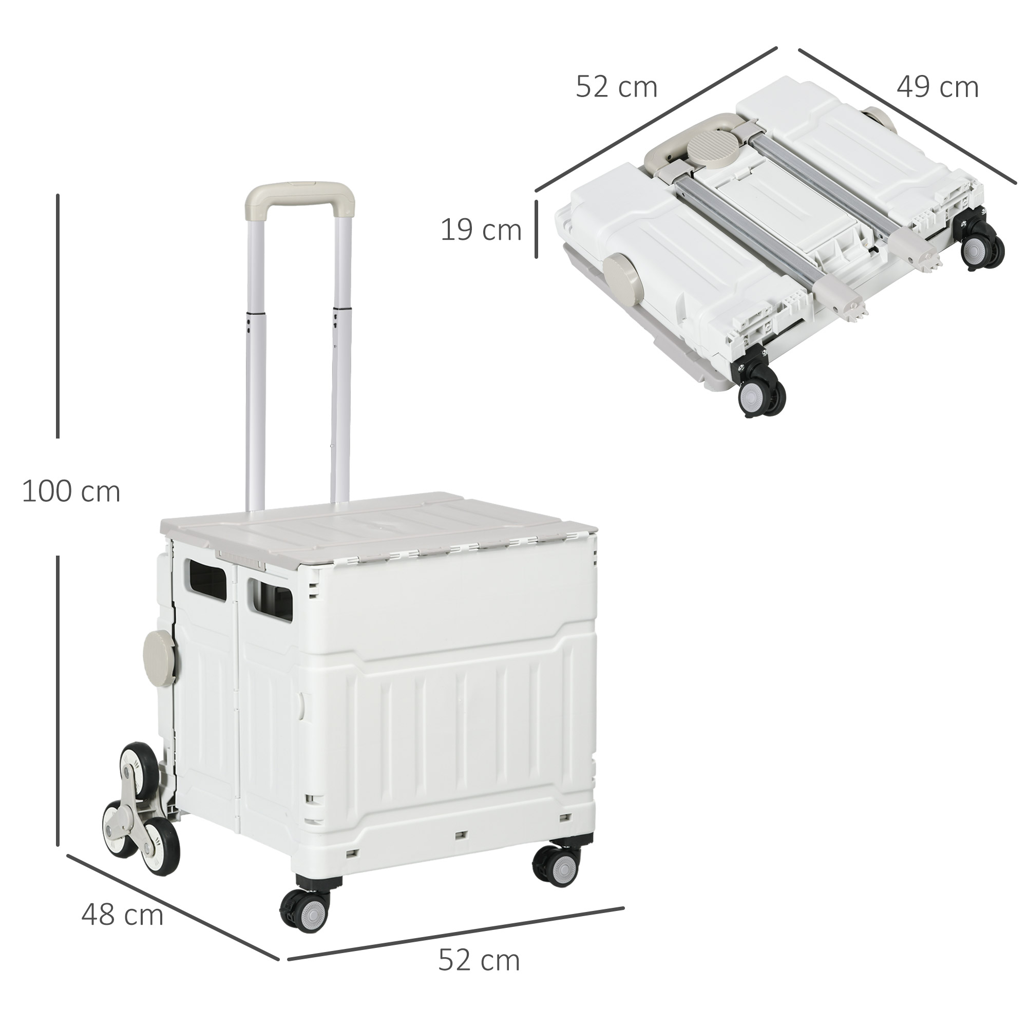 Weißer rollender Servierwagen mit in Zentimetern beschrifteten Abmessungen.