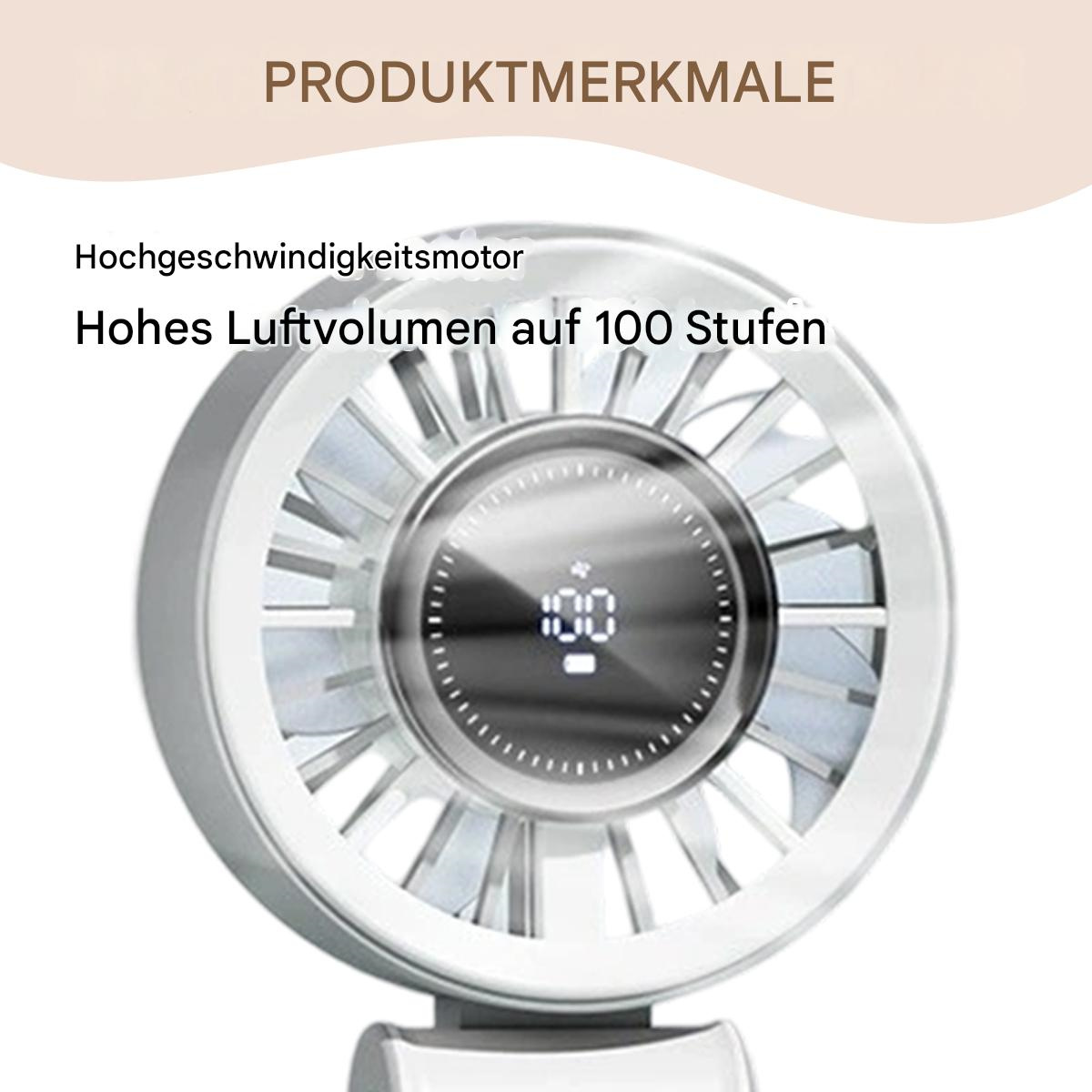 Nahaufnahme des Lüfters mit Digitalanzeige, die 100 anzeigt, mit Text auf Deutsch. Weißer Lüfter mit silbernen Flügeln.