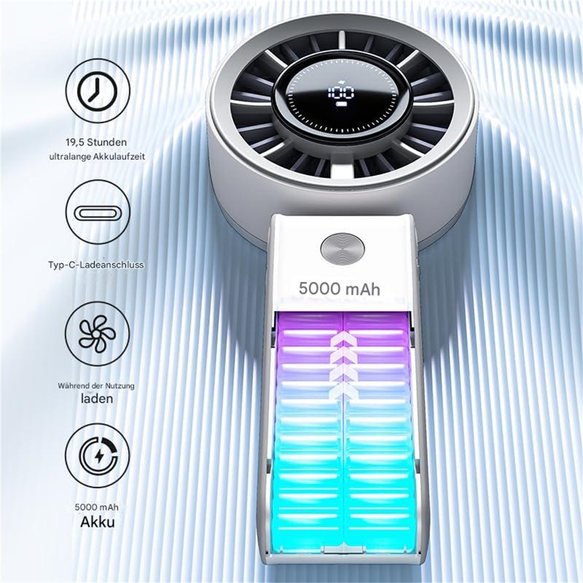 Ein tragbarer Ventilator mit einer digitalen Anzeige, die den Akkustand anzeigt, und einem transparenten Akkufach.
