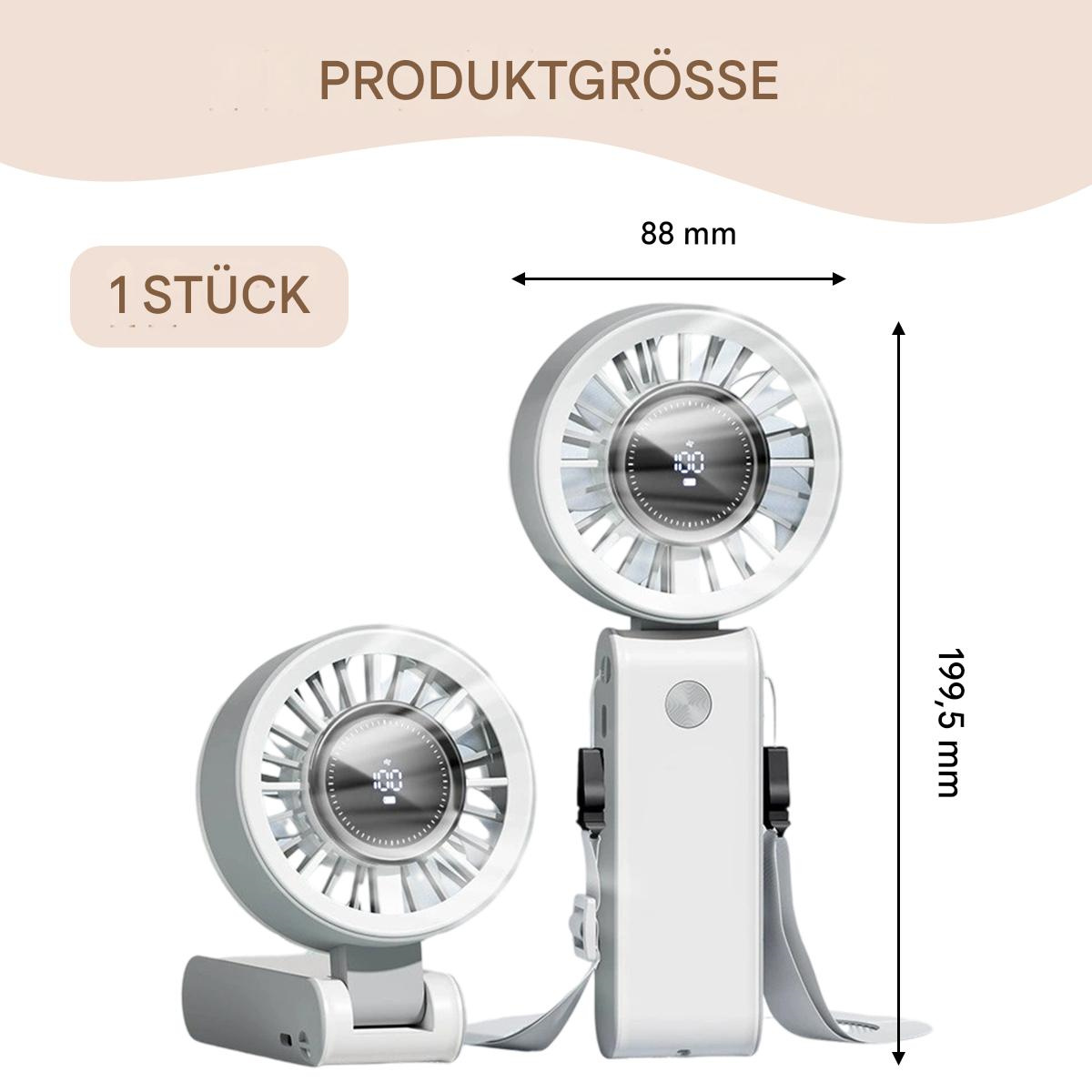 Zwei tragbare Ventilatoren, einer stehend mit einem Band, der andere auf einem Ständer.