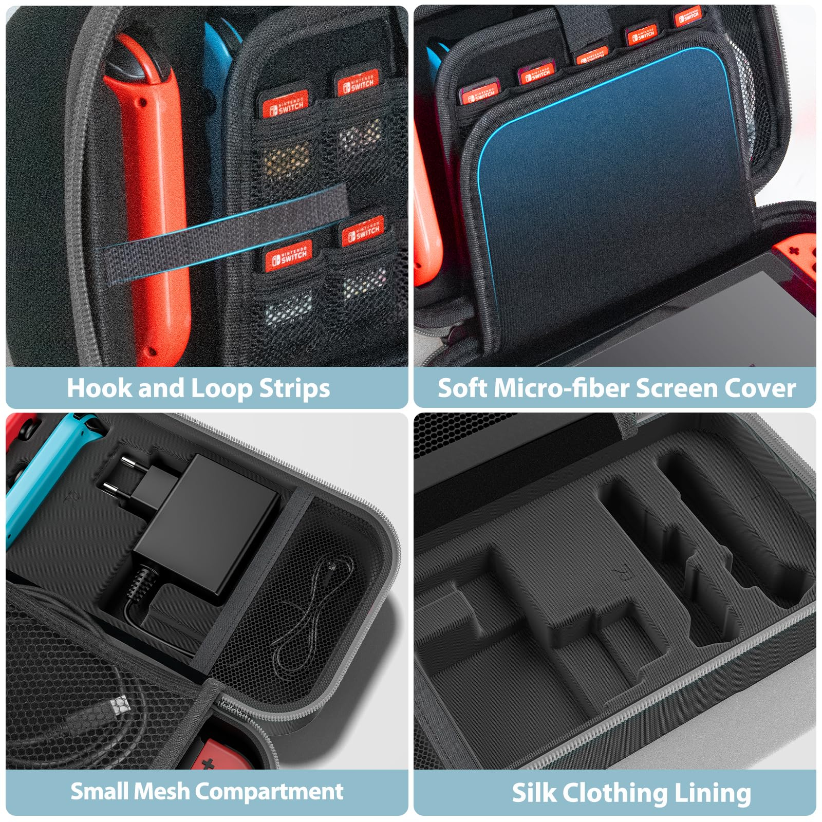 Collage mit einer Switch-Tasche mit Klettverschlussstreifen, Mesh und Seidenfutter.
