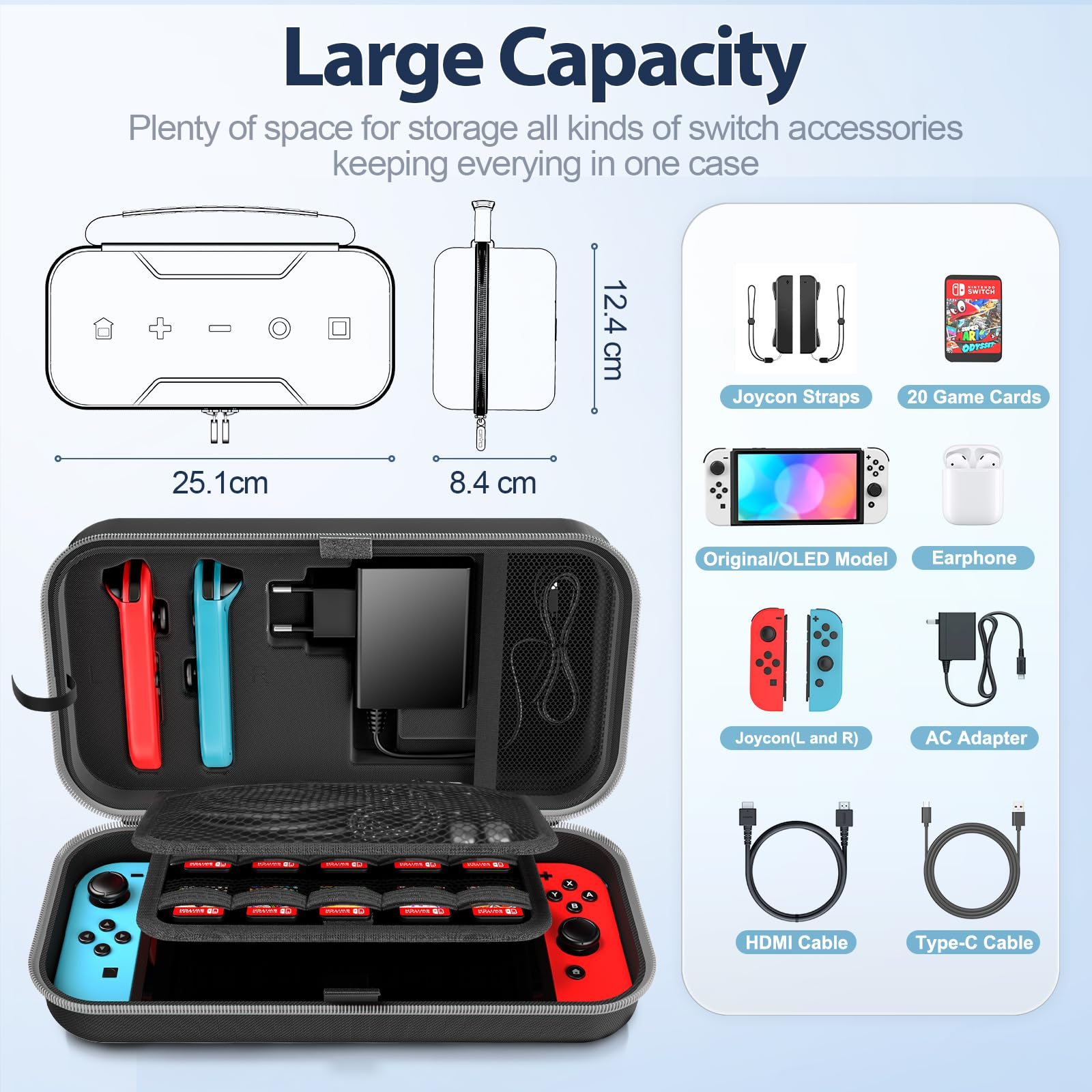 Bild, das eine Nintendo Switch-Tragetasche mit Abmessungen und mitgeliefertem Zubehör zeigt.