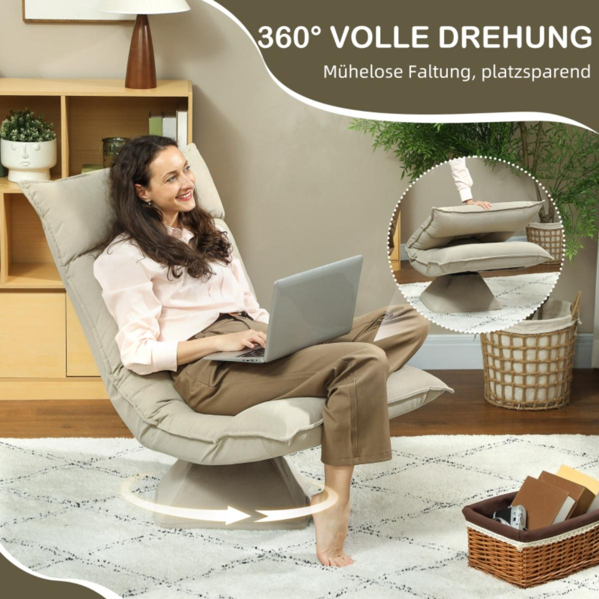 Eine Frau benutzt einen Laptop auf einem beigen Drehstuhl und demonstriert seine 360-Grad-Drehung und platzsparende Bauweise.