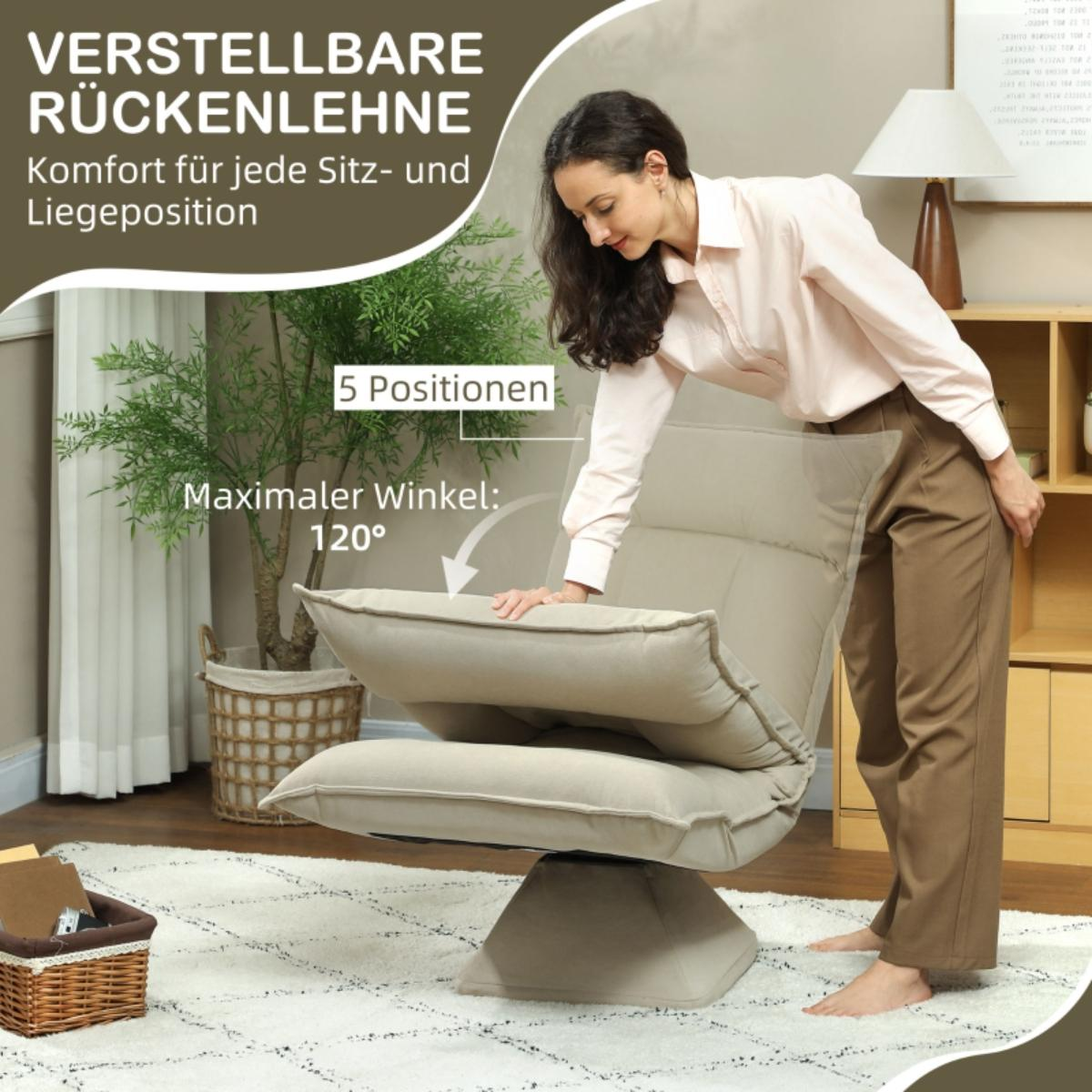 Eine Frau stellt die Rückenlehne eines beigen Drehstuhls ein und zeigt seine 5 einstellbaren Positionen und einen Winkel von 120 Grad.