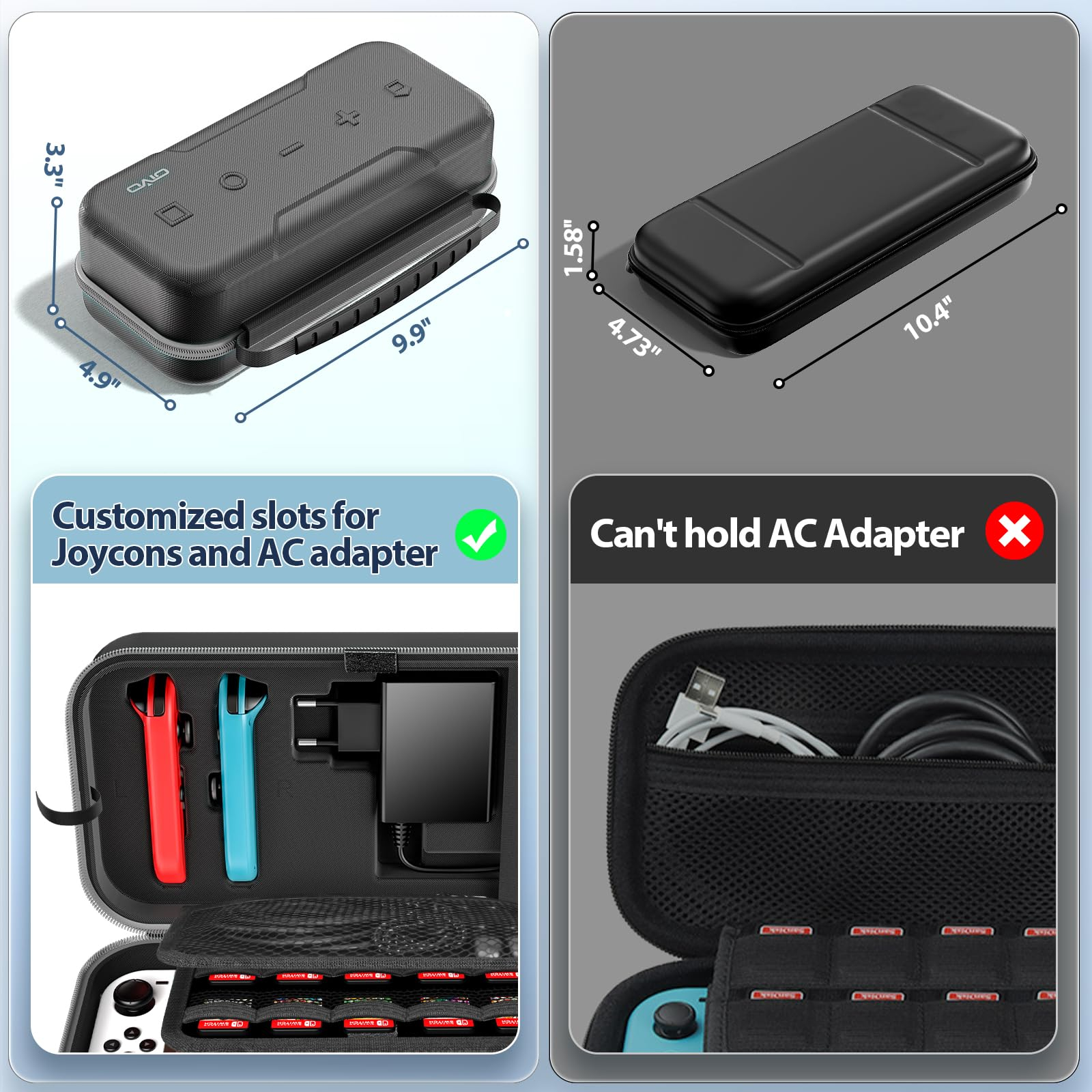 Zwei Bilder, die eine schwarze Hülle mit einem Nintendo Switch zeigen. Eins zeigt die offene, das andere die geschlossene.