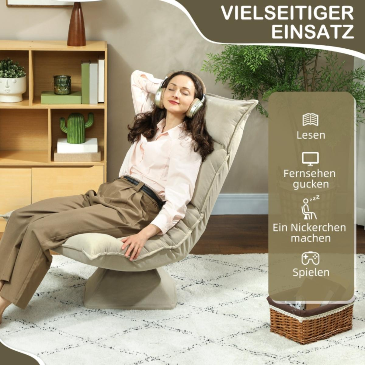 Eine Frau entspannt sich in einem beige gepolsterten Stuhl und trägt Kopfhörer. Text: 'Vielseitiger Einsatz'.