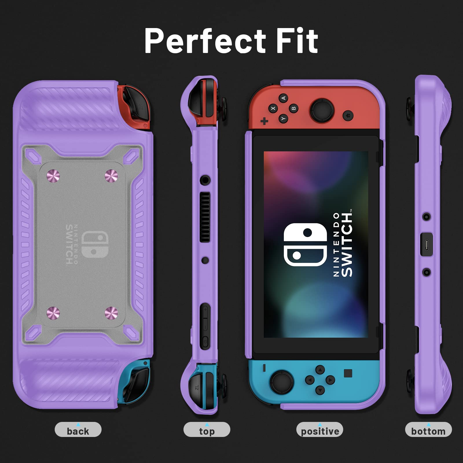 Vier Ansichten einer violetten Nintendo Switch-Hülle: Rückseite, Oberseite, positive Seite und Unterseite. Text: 'Perfect Fit'.