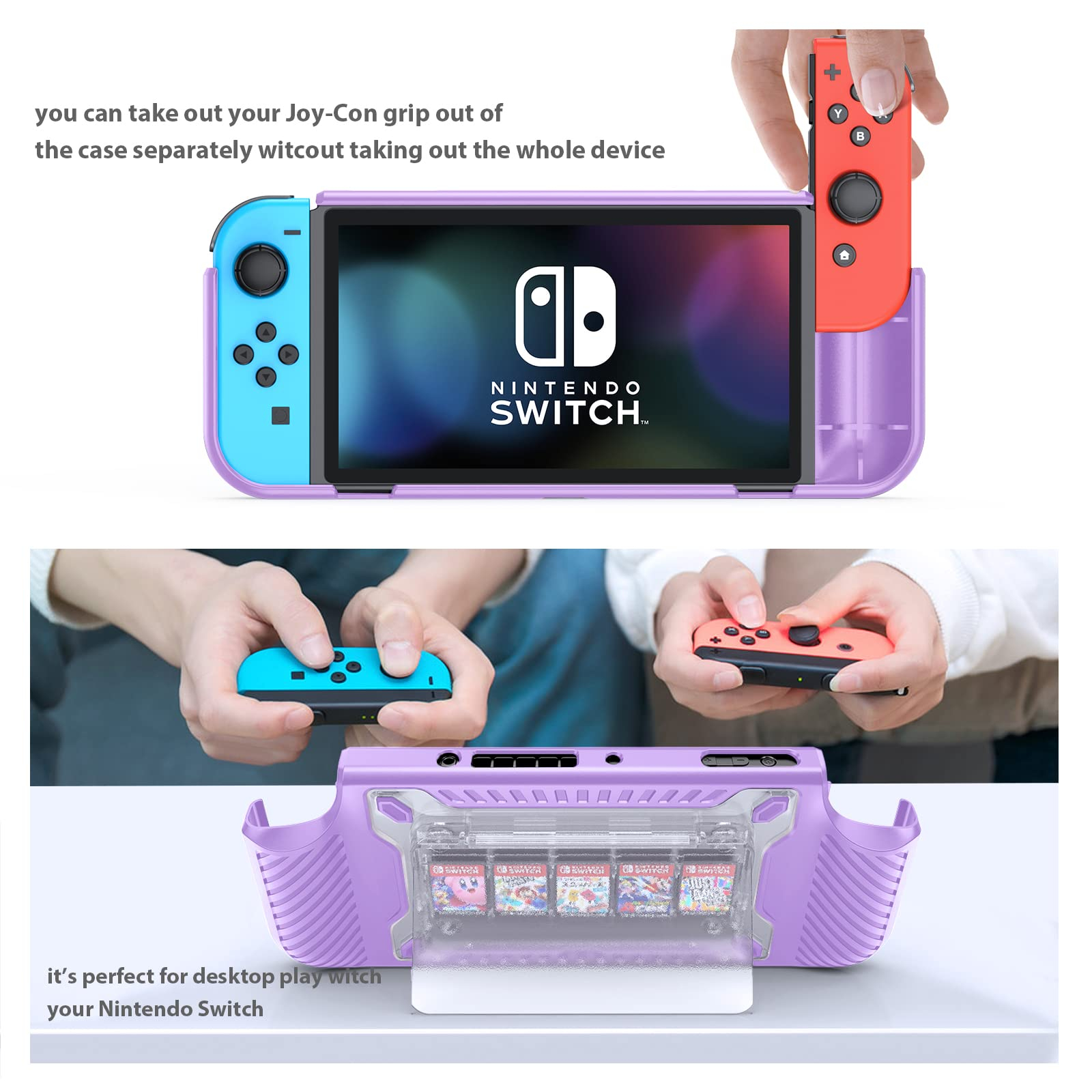 Eine Nintendo Switch Hülle mit abgenommenen Joy-Cons. Oben sind rote und blaue Joy-Cons zu sehen. Unten sind Spielkassetten.