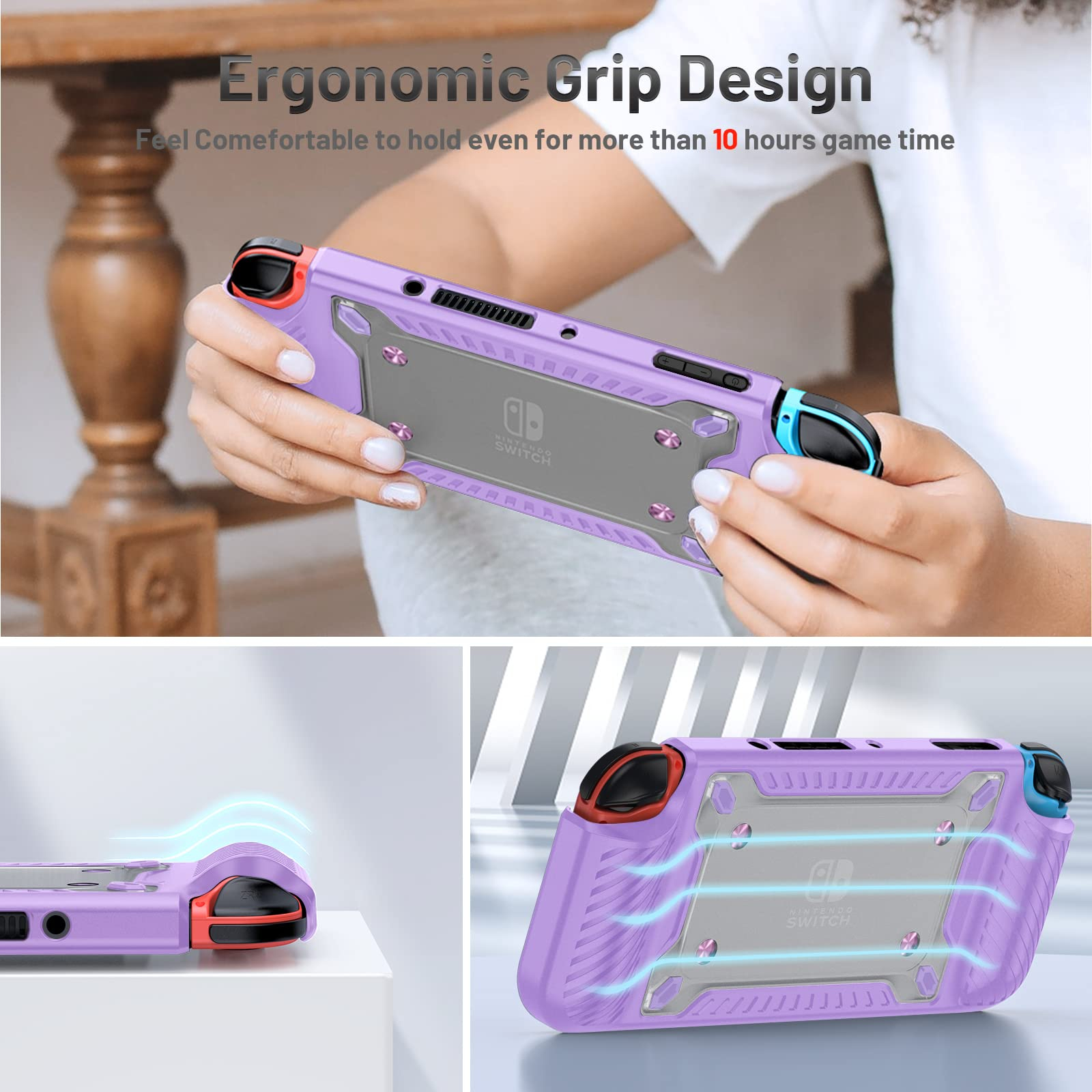 Lila Switch-Konsole. Hände halten die Konsole. Zwei kleinere Bilder der Konsole.