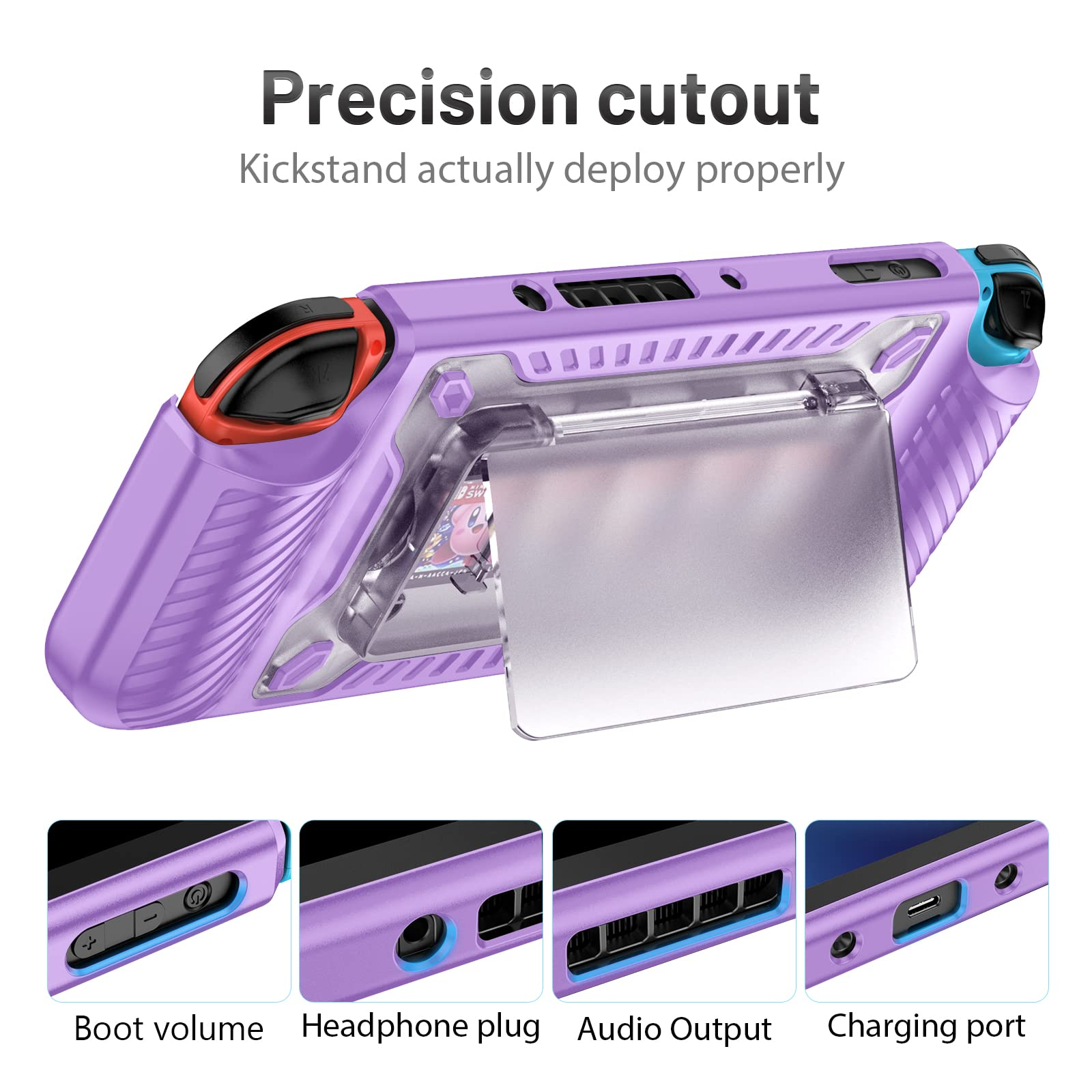 Eine violette Nintendo Switch-Hülle mit Aussparungen für Anschlüsse und Knöpfe. Text: 'Präzisionsausschnitt'.