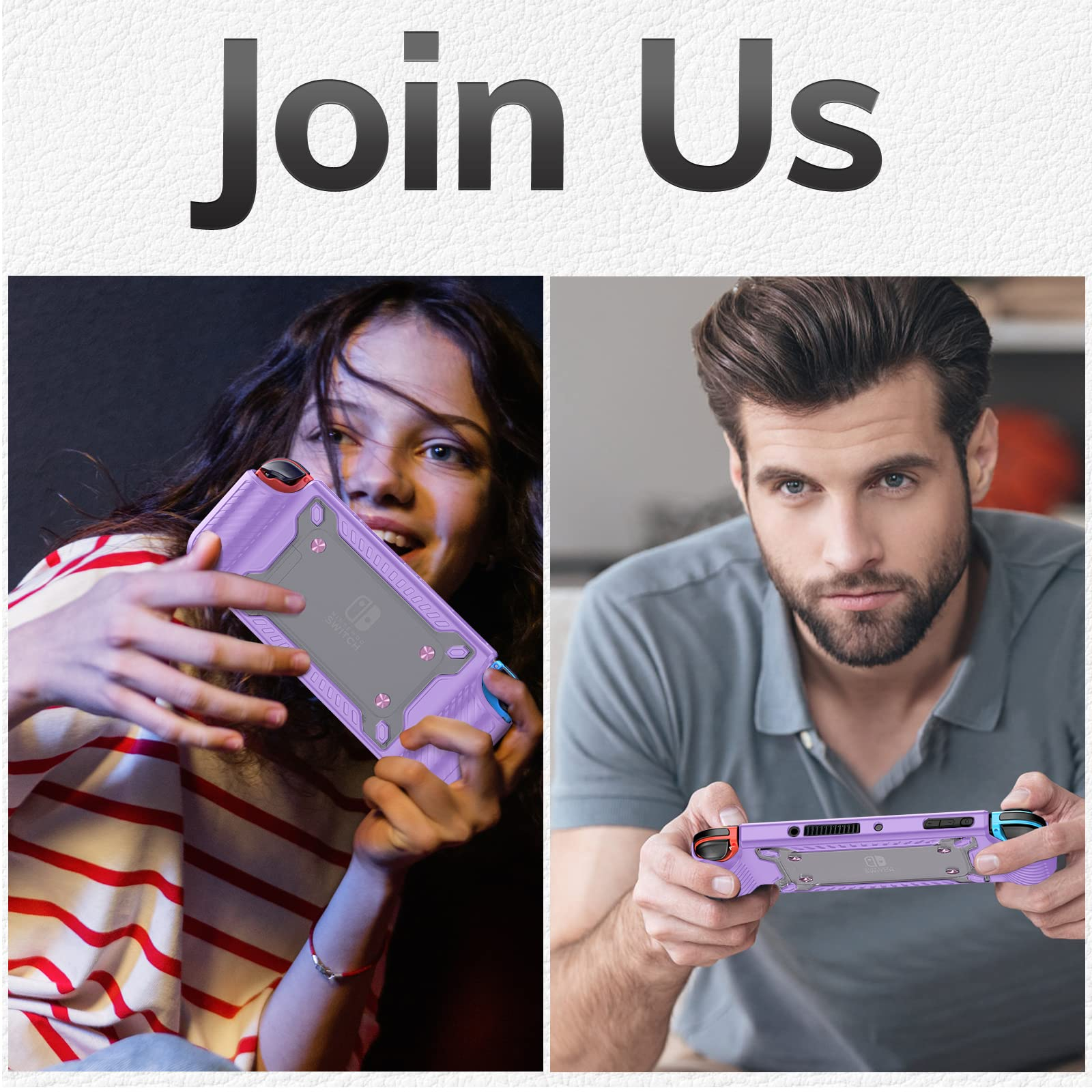 Zwei Fotos, die einen Mann und eine Frau zeigen, die eine lila Nintendo Switch-Hülle halten. Text: 'Mach mit'.