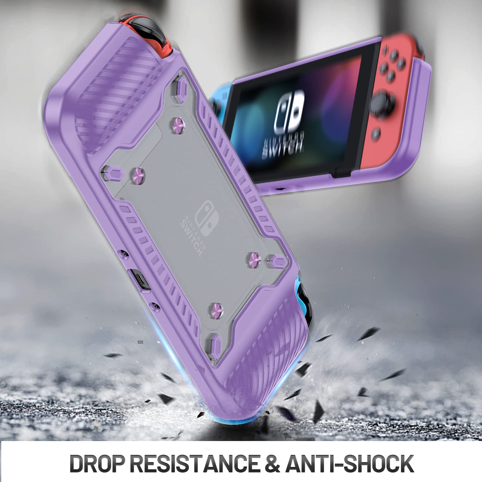 Ein Nintendo Switch in einer lila Hülle fällt diagonal. Text: 'Sturzfestigkeit & Anti-Schock'.