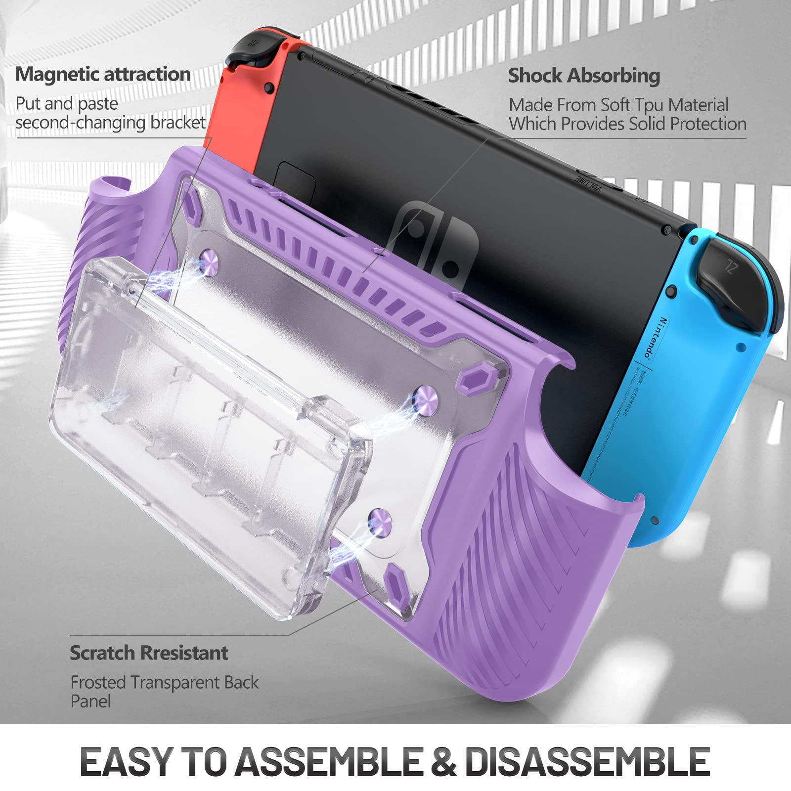 Eine lila Nintendo Switch Hülle mit einem weißen, transparenten Panel. Ein Switch mit roten und blauen Joy-Cons ist darin.
