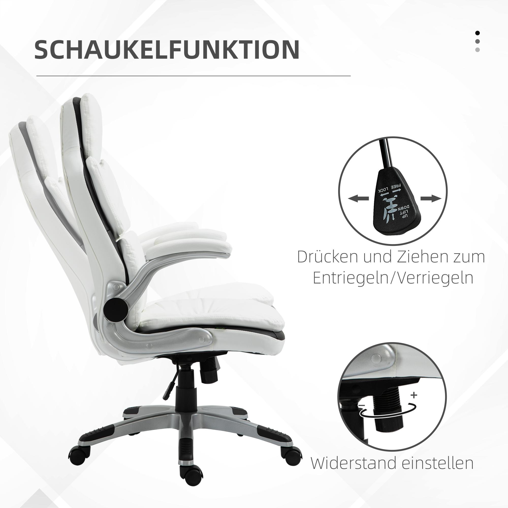 Ein weißer Bürostuhl, der zeigt, wie er geneigt werden kann und wie der Widerstand eingestellt wird. Enthält Text und Diagramme.