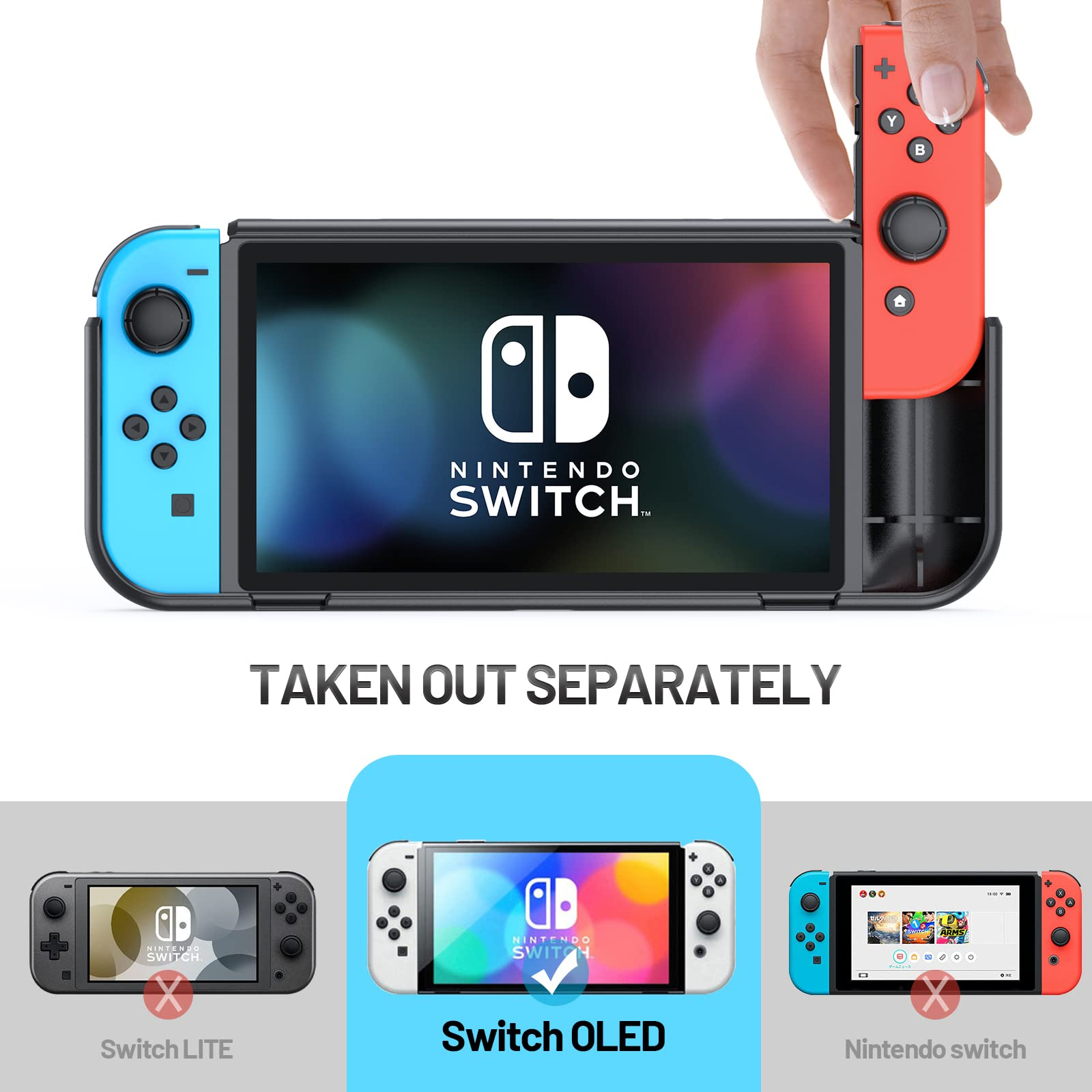 Nintendo Switch Konsole mit blauen und roten Joy-Cons, und Vergleich von Switch Lite und OLED.