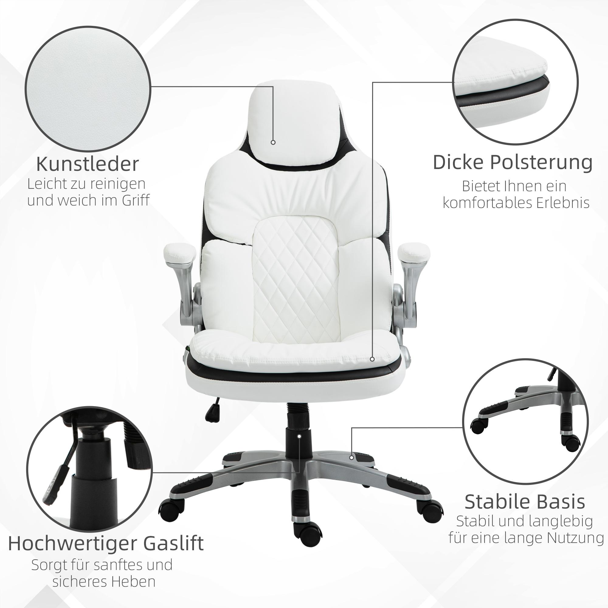 Ein weißer und schwarzer Bürostuhl, mit Details zu Leder, Polsterung, Gestell und Gaslift.
