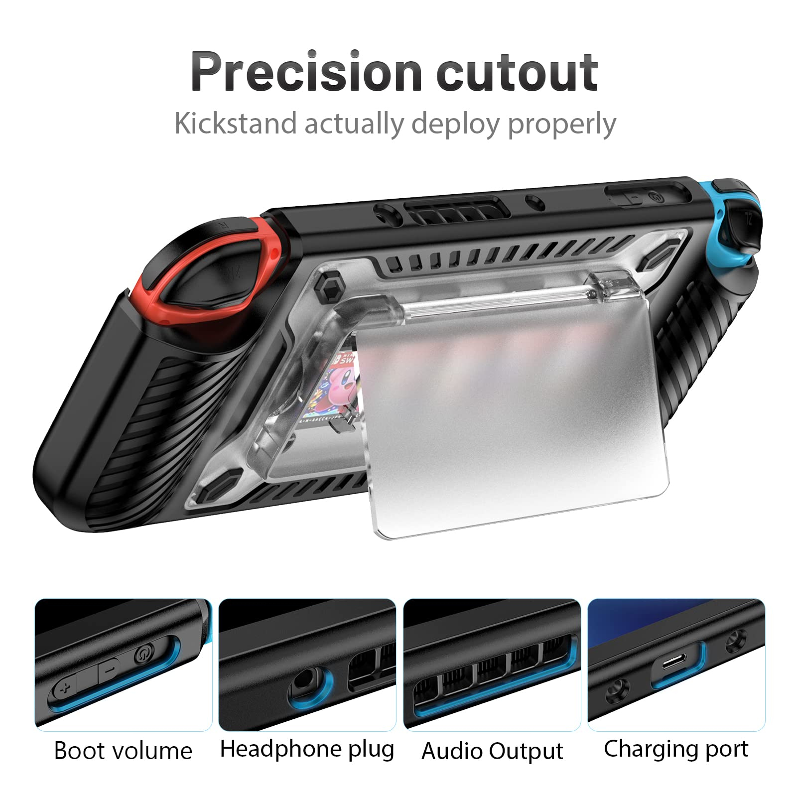 Eine Nintendo Switch mit transparenter Hülle. Inklusive Lautstärke, Kopfhöreranschluss, Audioausgang und Ladeanschluss.