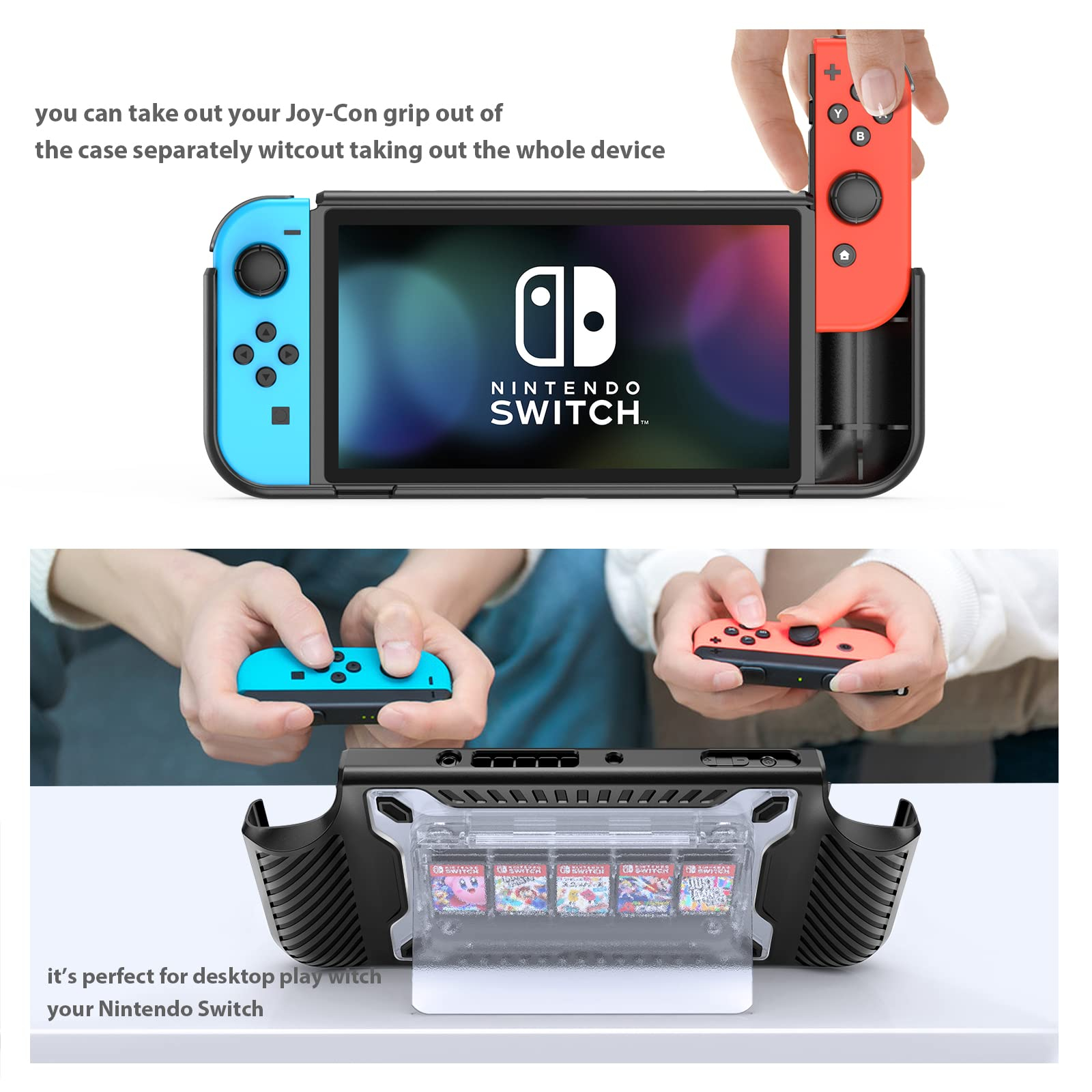Nintendo Switch Konsole mit Joy-Cons, Hülle mit Spielkassetten und separatem Joy-Con Griff und Controller.