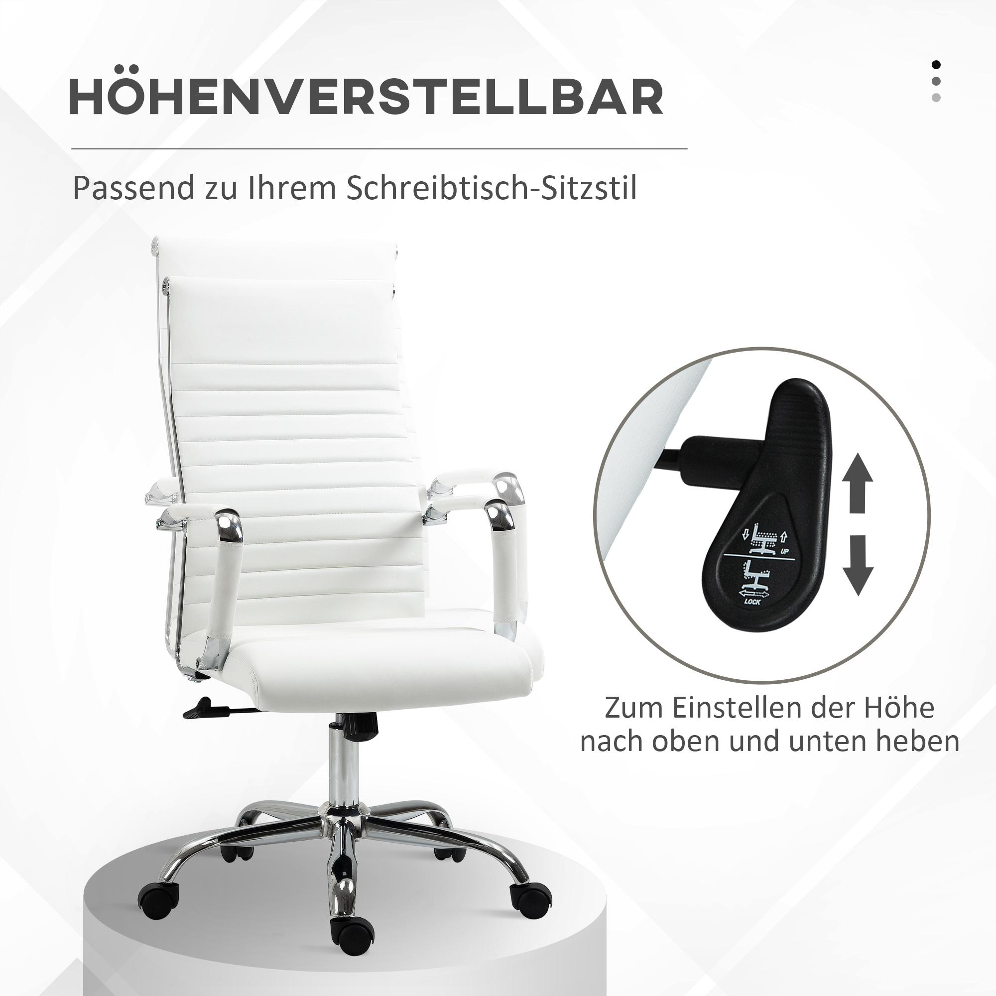 Weißer Bürostuhl mit Chromfuß und -armen. Höhenverstellungsdetail rechts.