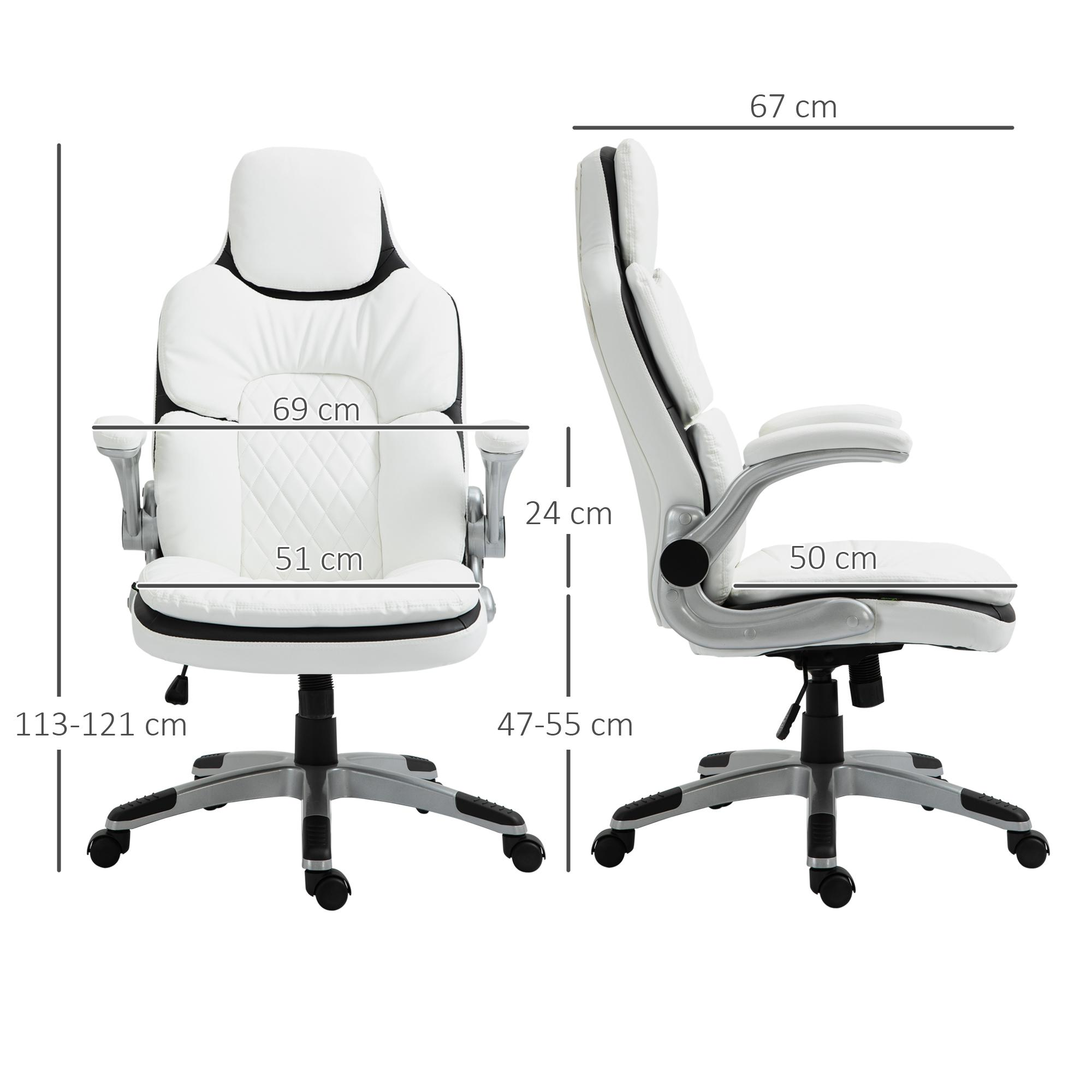 Diagramm eines weißen Bürostuhls von vorne und der Seite, mit Maßangaben für Höhe, Breite und Tiefe.