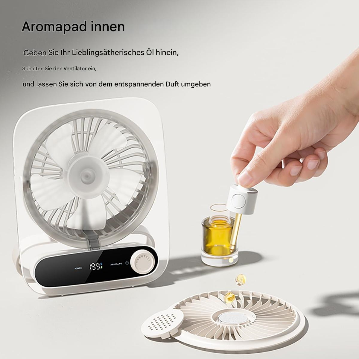 Ein weißer Ventilator mit Digitalanzeige und eine kleine Flasche ätherisches Öl, das auf das Aromapad geträufelt wird.