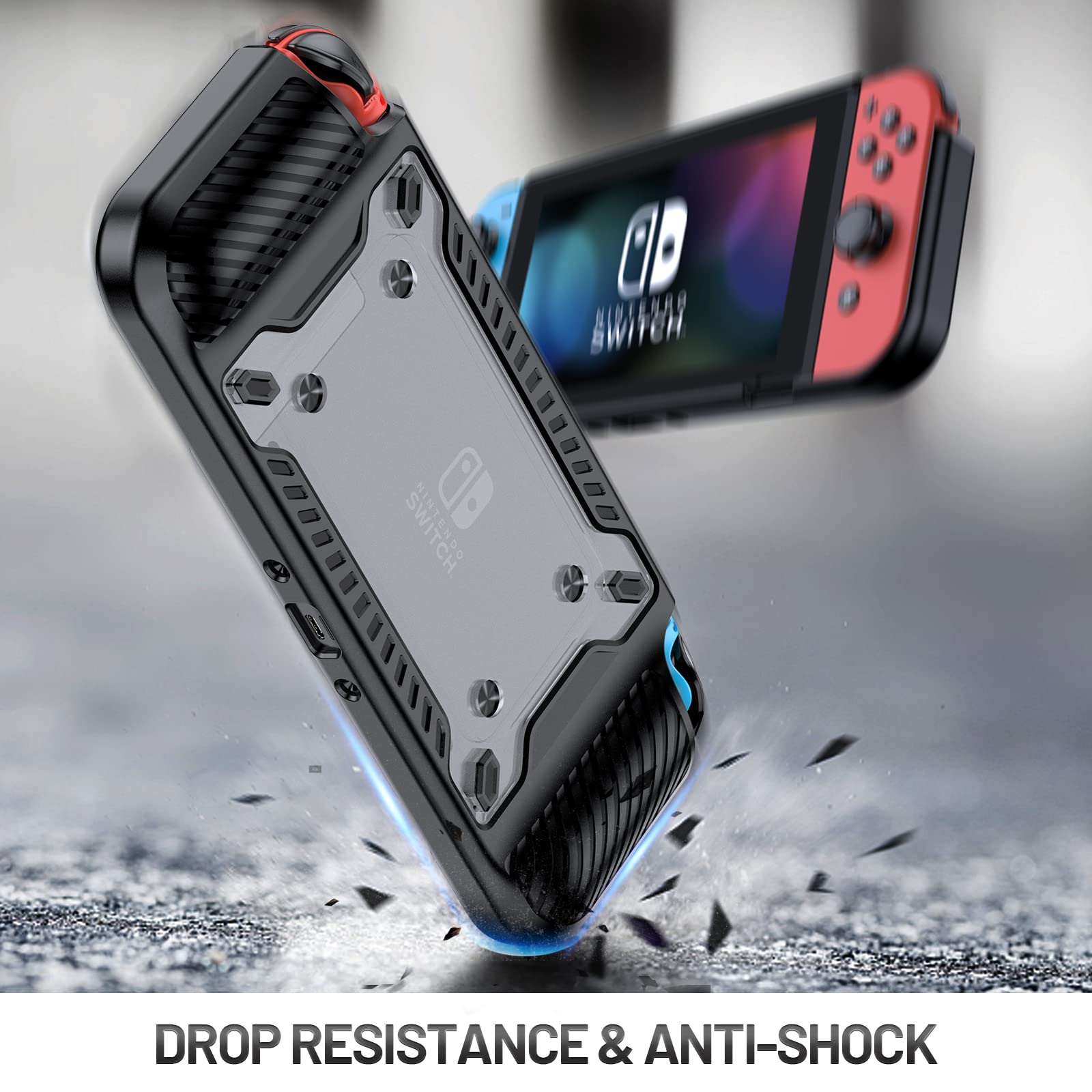 Schwarze Nintendo Switch-Hülle mit Switch im Hintergrund. Die Hülle ist schwarz und schützend.