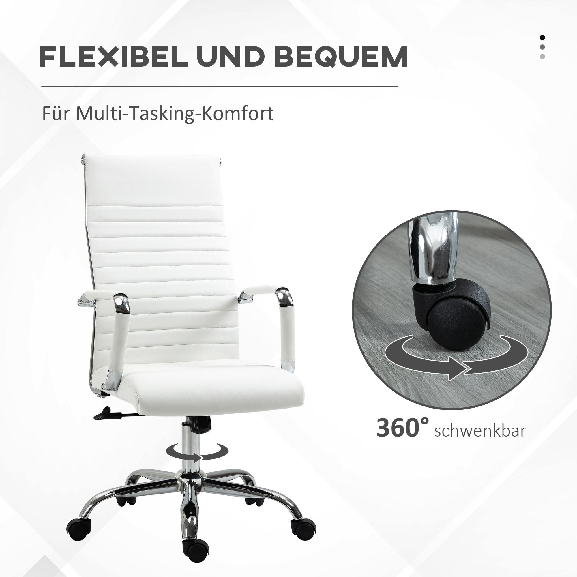 Weißer Bürostuhl mit Chromfuß und 360-Grad-Schwenkfunktion. Der Stuhl ist flexibel.