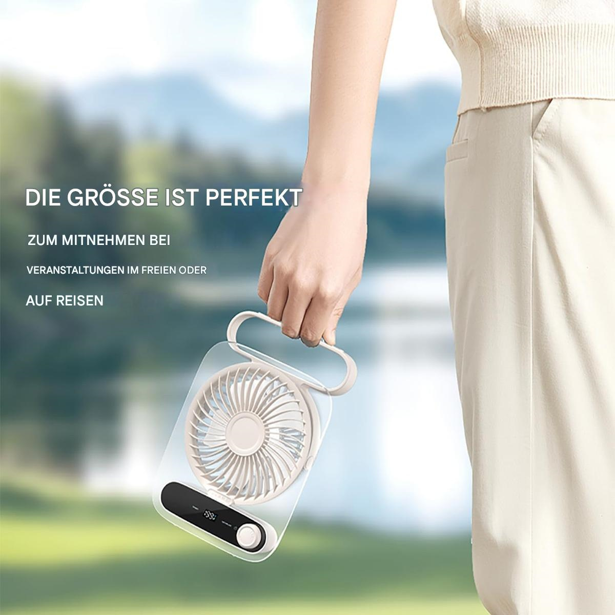 Eine Person hält einen weißen tragbaren Ventilator. Der Ventilator befindet sich in einem durchsichtigen Gehäuse.