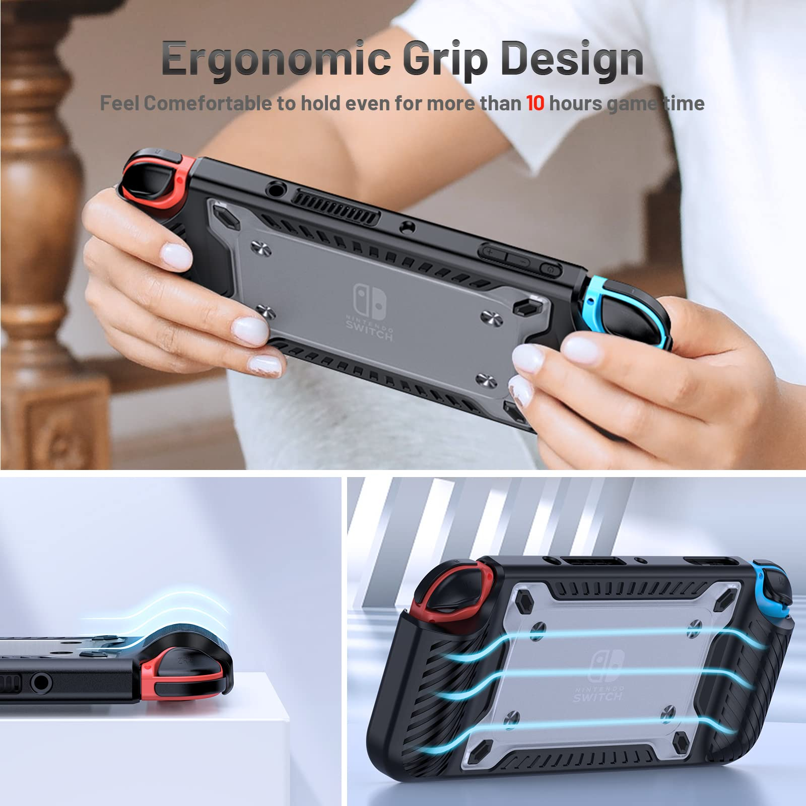 Eine Person, die eine Nintendo Switch mit Schutzgriffen hält, und eine Nahaufnahme der Griffe.