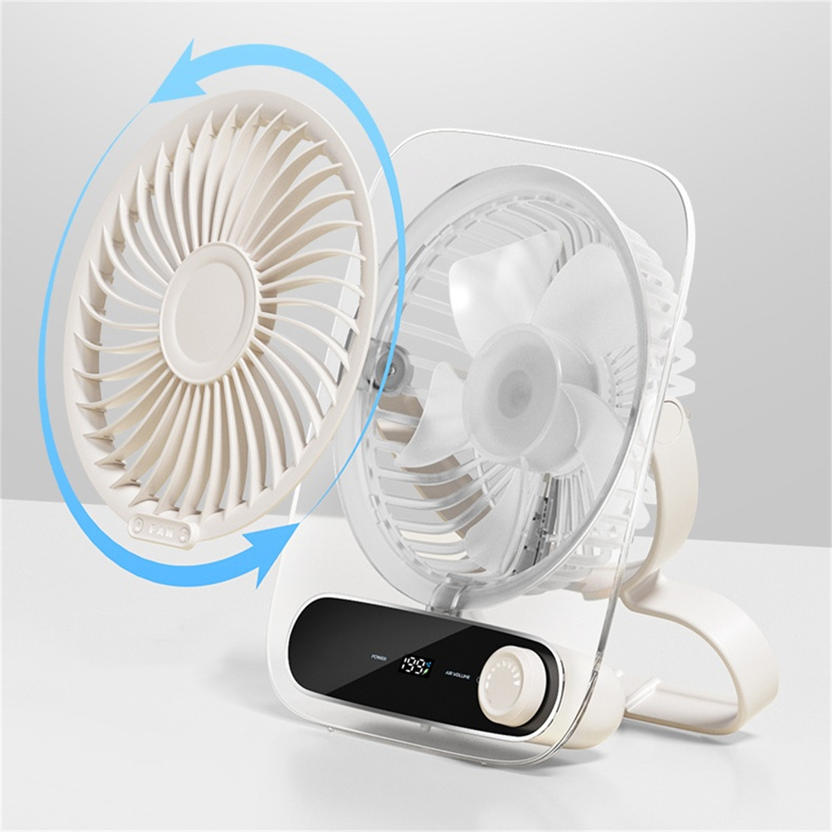 Ein weißer Ventilator mit klarer Abdeckung. Die Teile des Ventilators können zur Reinigung abgenommen werden.