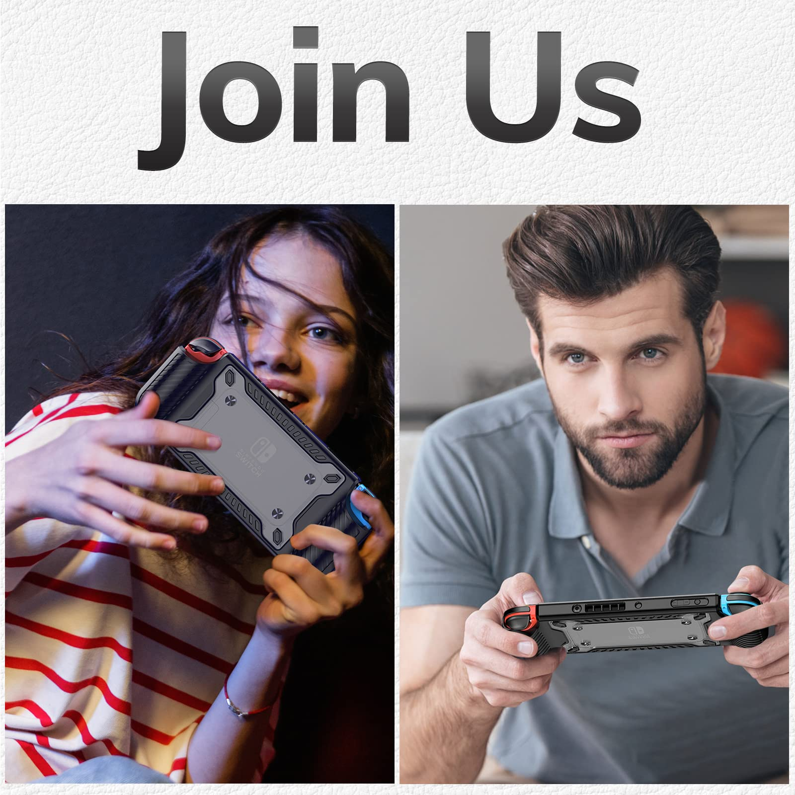Zwei Personen, ein Mädchen und ein Mann, halten jeweils einen Nintendo Switch-Controller.