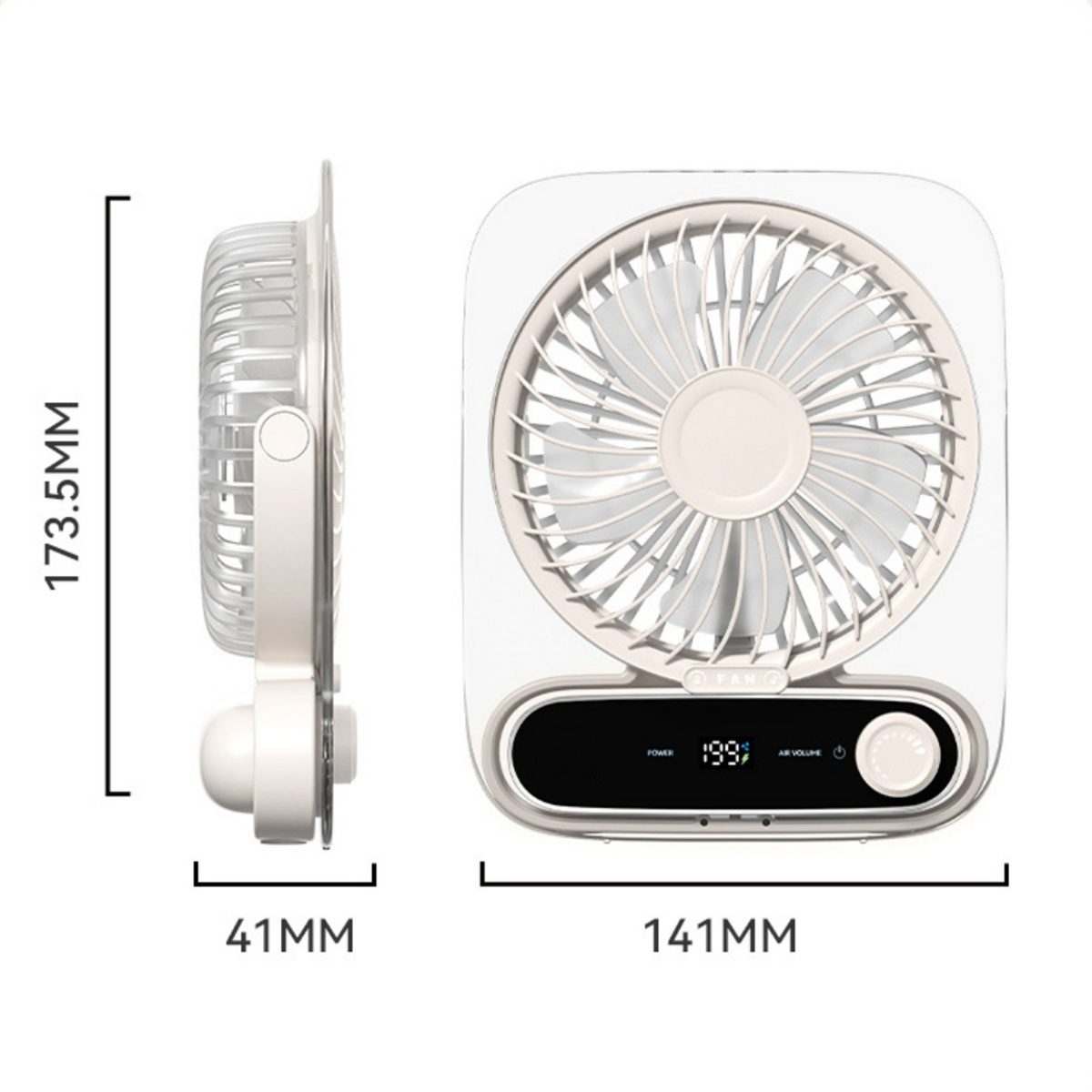 Ein weißer tragbarer Ventilator, der Vorder- und Seitenansichten mit Abmessungen zeigt. Der Ventilator ist kompakt.