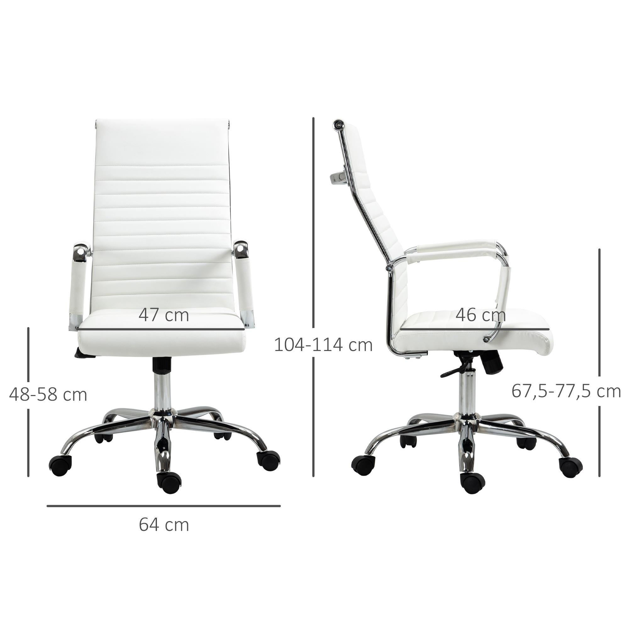Weißer Bürostuhl mit Abmessungen. Vorder- und Seitenansicht. Chrombasis und Armlehnen. Hohe Rückenlehne.