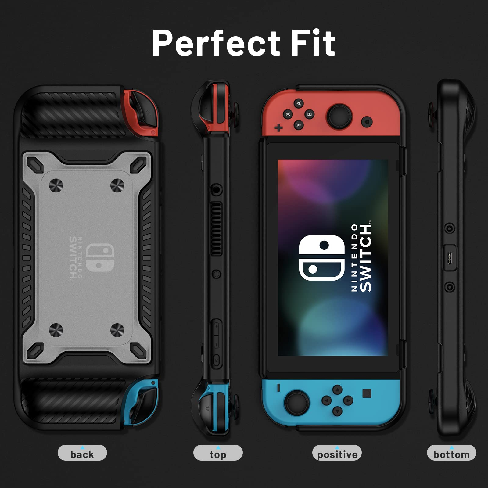 Verschiedene Ansichten einer Nintendo Switch mit schwarzer Schutzhülle. Verschiedene Winkel werden gezeigt.